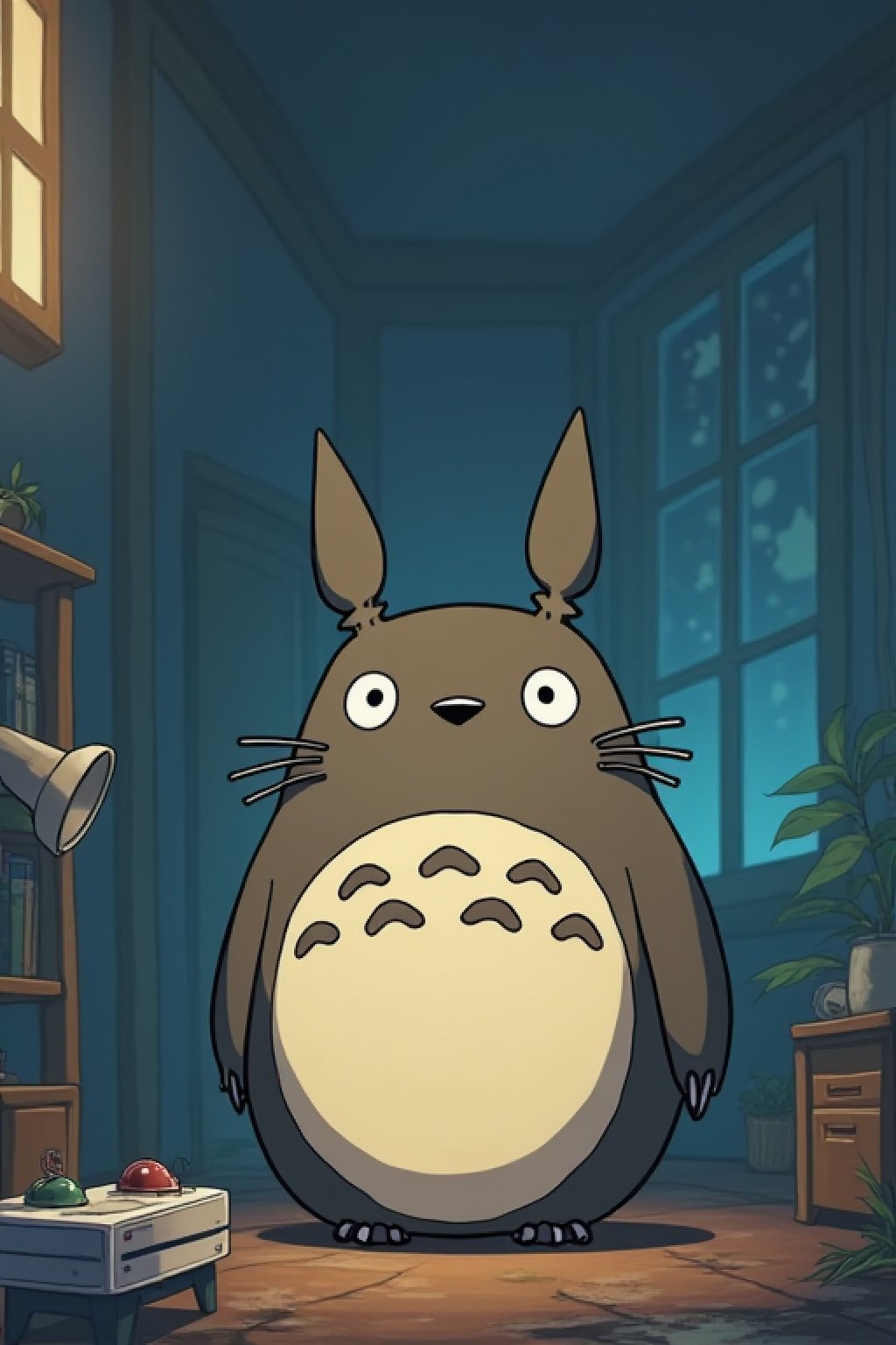  A text says "Aji khelile kobi". A picture of totoro , happy. Gaming mood and background. Console controller nearby. Ghibli style.