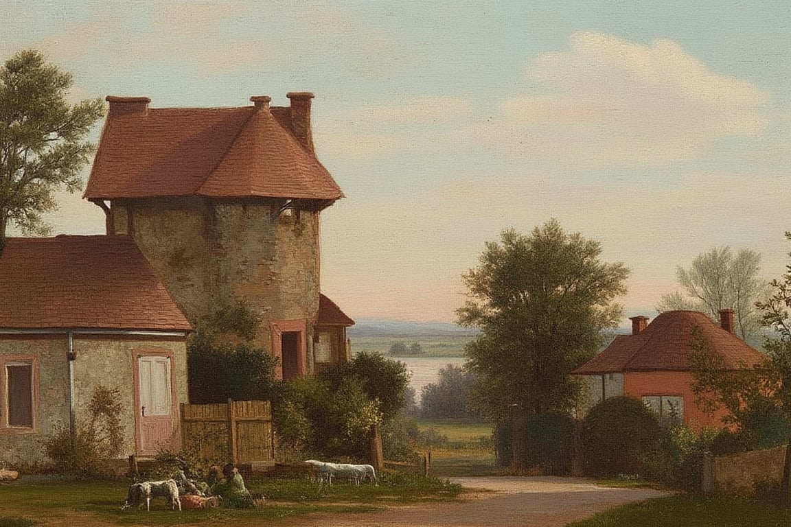 An oil painting of a village