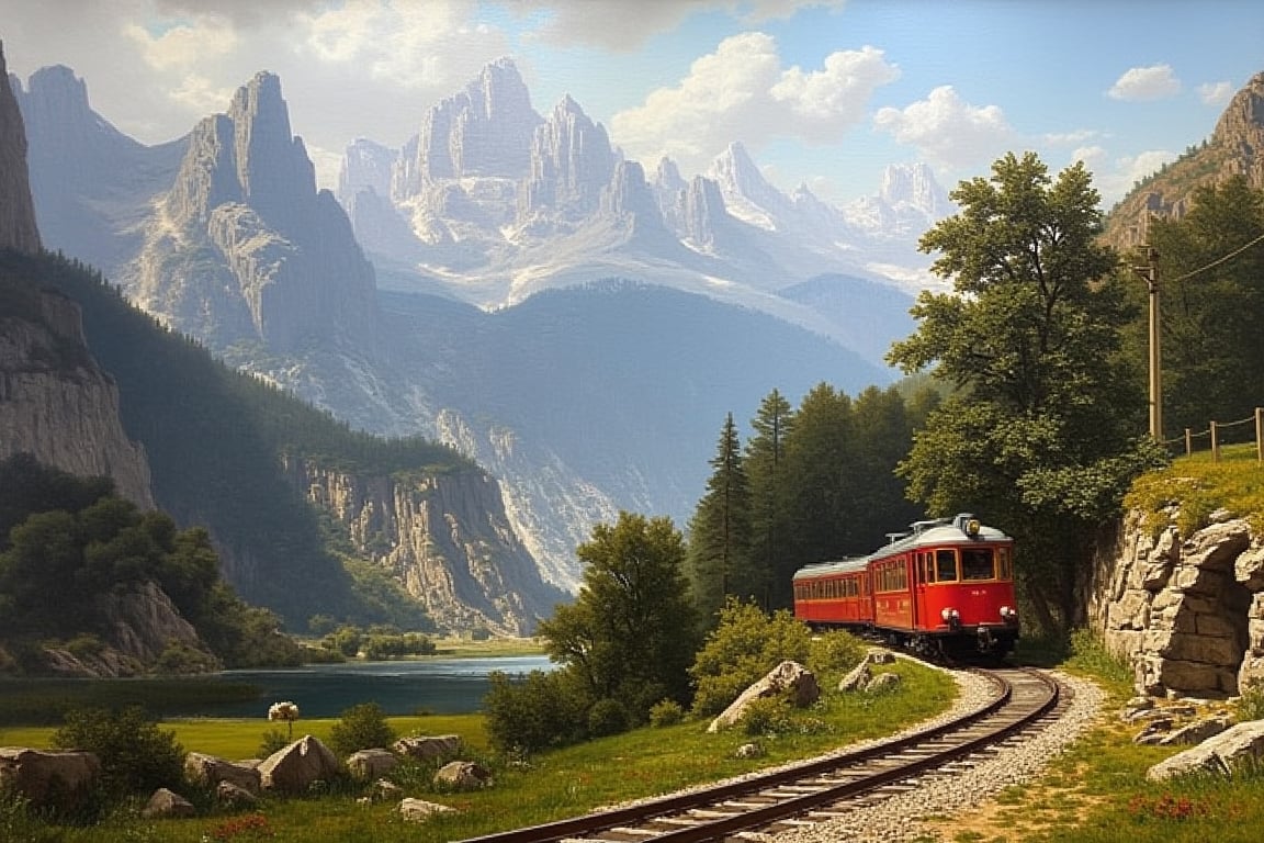 Oil Painting of a scenery in Switzerland, a train visible, oilpaint1