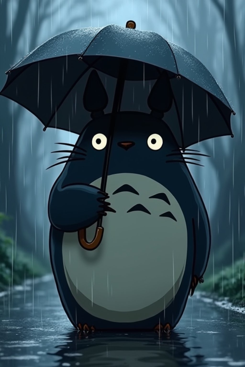 A sticker of totoro sad in rain, dark theme . Ghibli style. He holds a big umbrella 