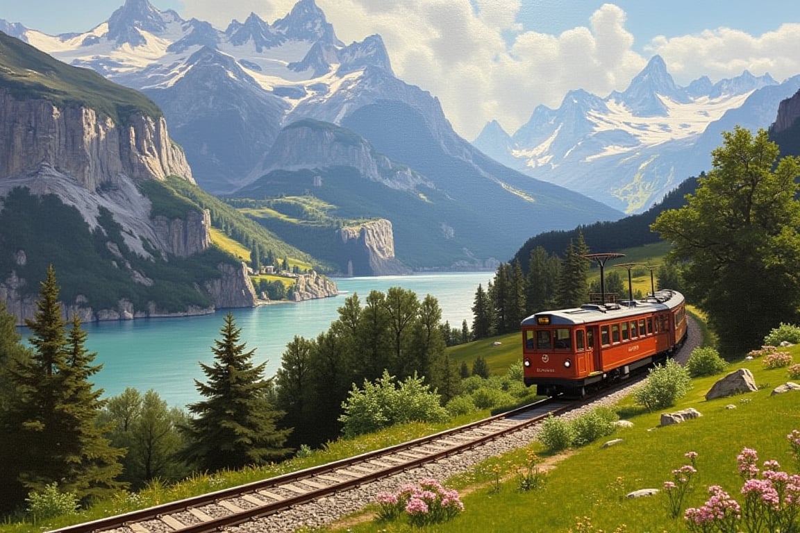 Oil Painting of a scenery in Switzerland, a train visible, oilpaint1