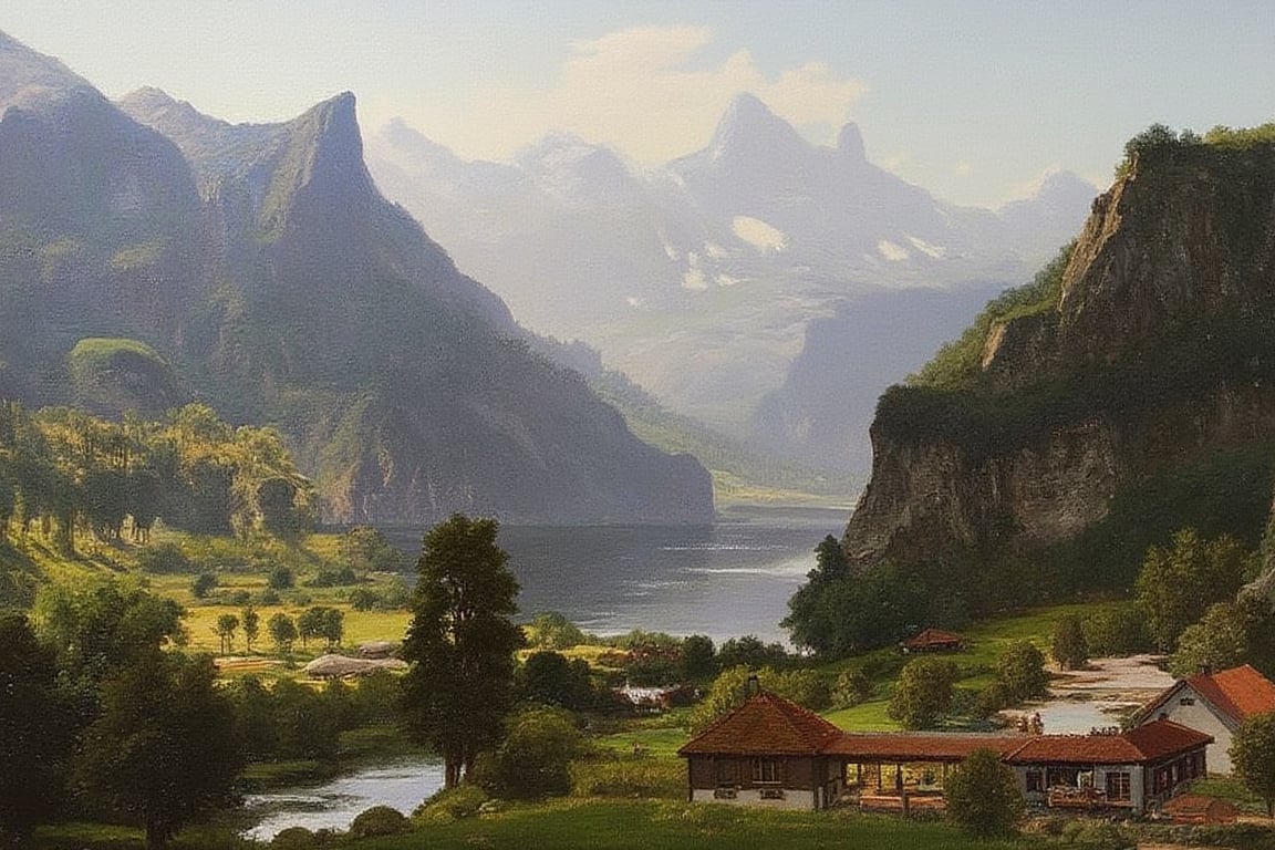 Oil Painting of a scenery in Switzerland, a train visible, oilpaint1