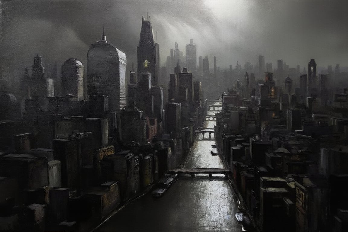 Oil painting of Gotham city, dark shades, oilpaint1