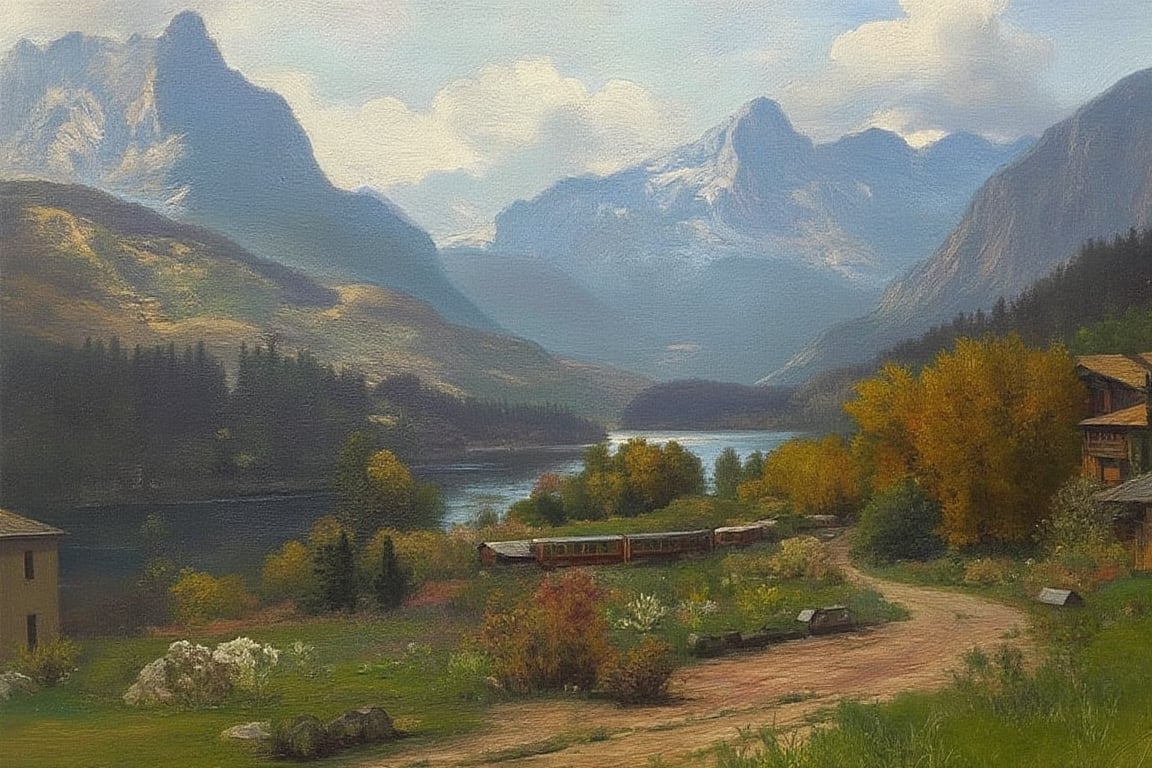 Oil Painting of a scenery in Switzerland, a train visible, oilpaint1