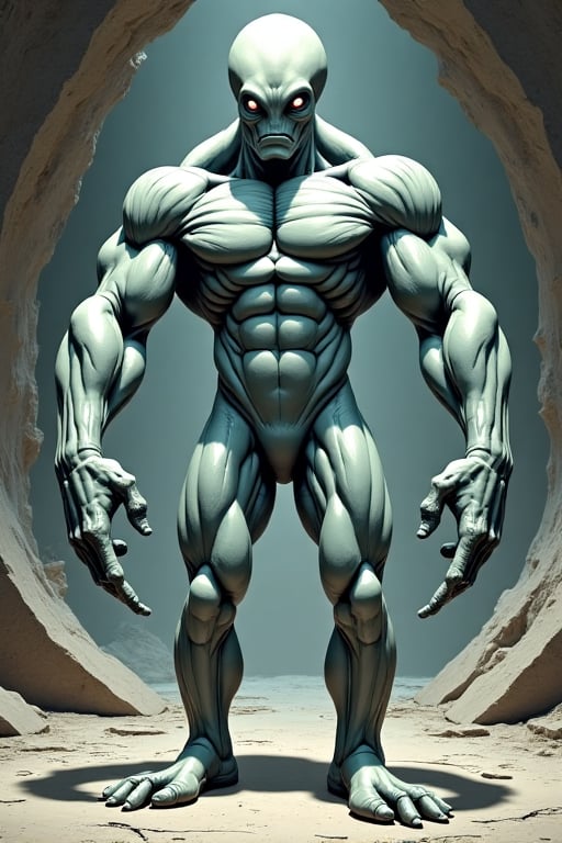 1970 style cartoon style full body scale image of an extremely huge muscles grey alien in a space craft flexing like a bod...