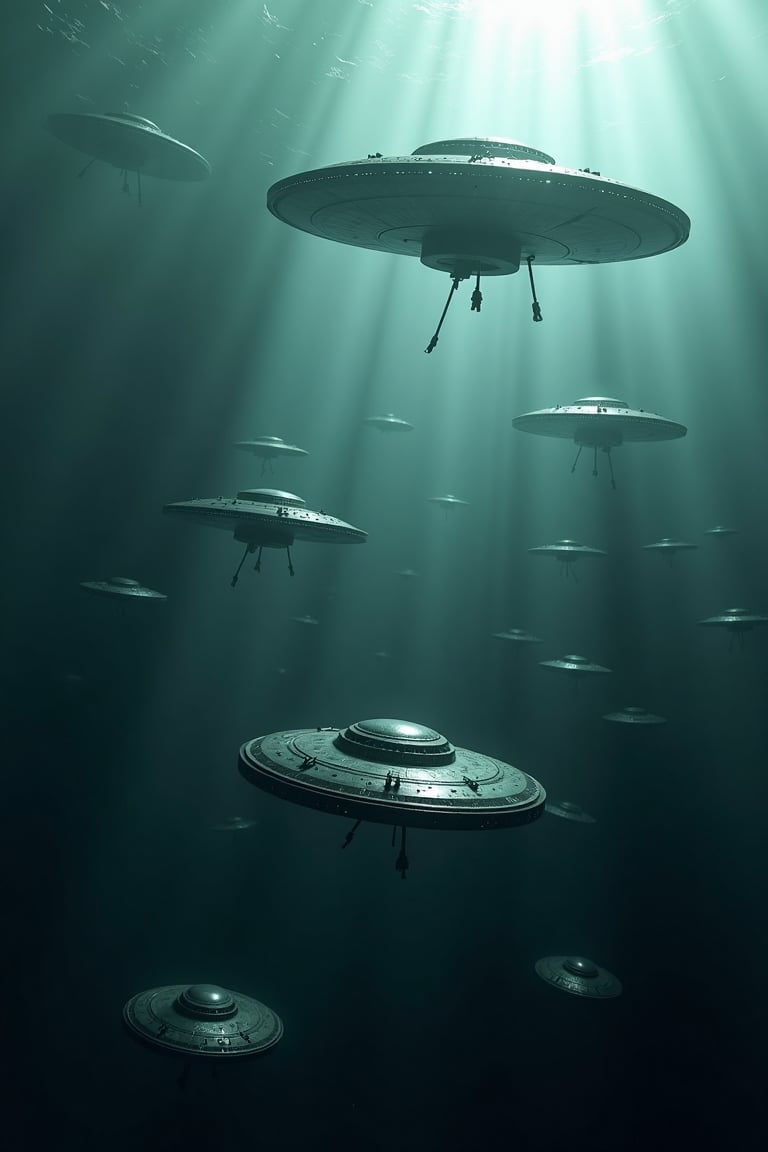 extremelyrealistic highly detailed huge fleet of alien ufo starships flying deep in the dark ocean waters,  extremelyreali...