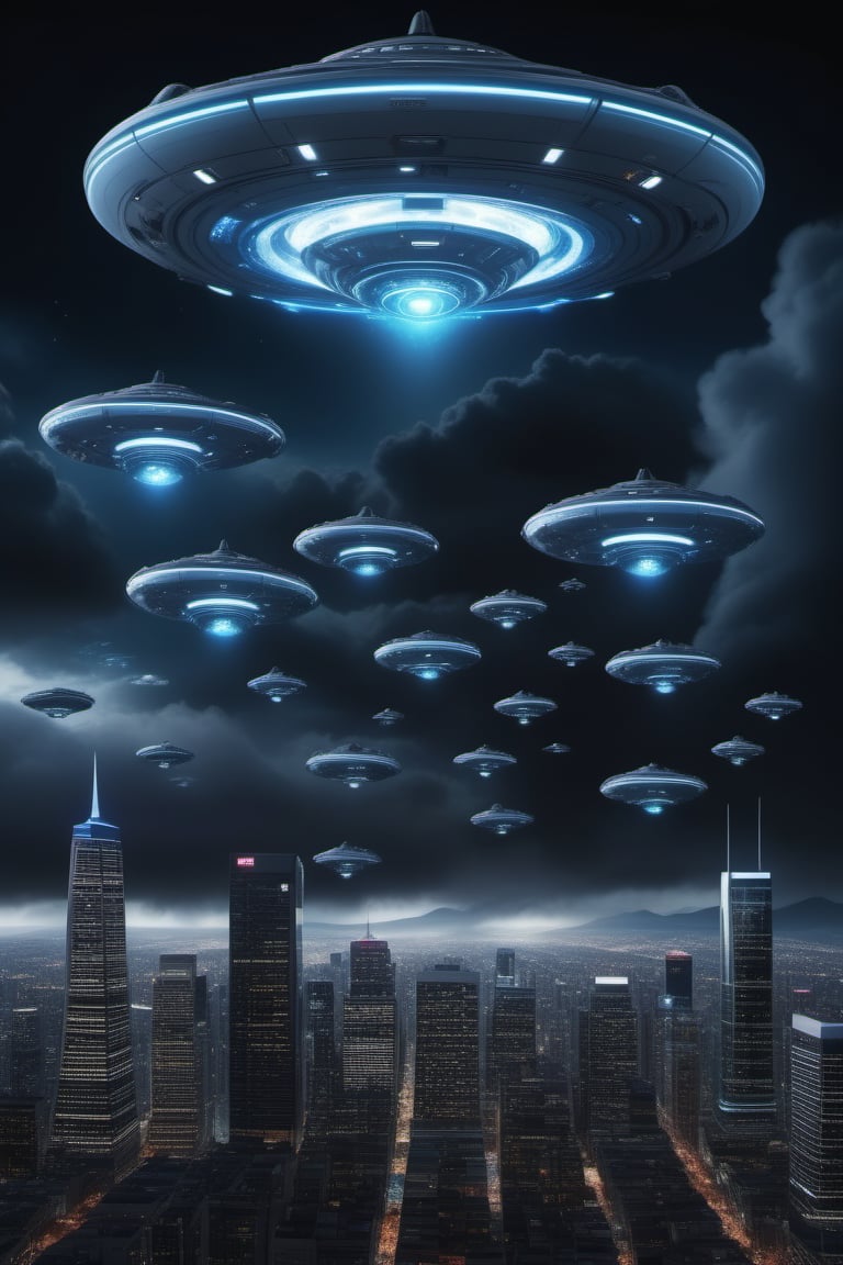 8k ultradetailed UFO fleet invasion surrounding san francico at midnight,  mild fog,  dark clouds by Mister E7 on Tensor.Art