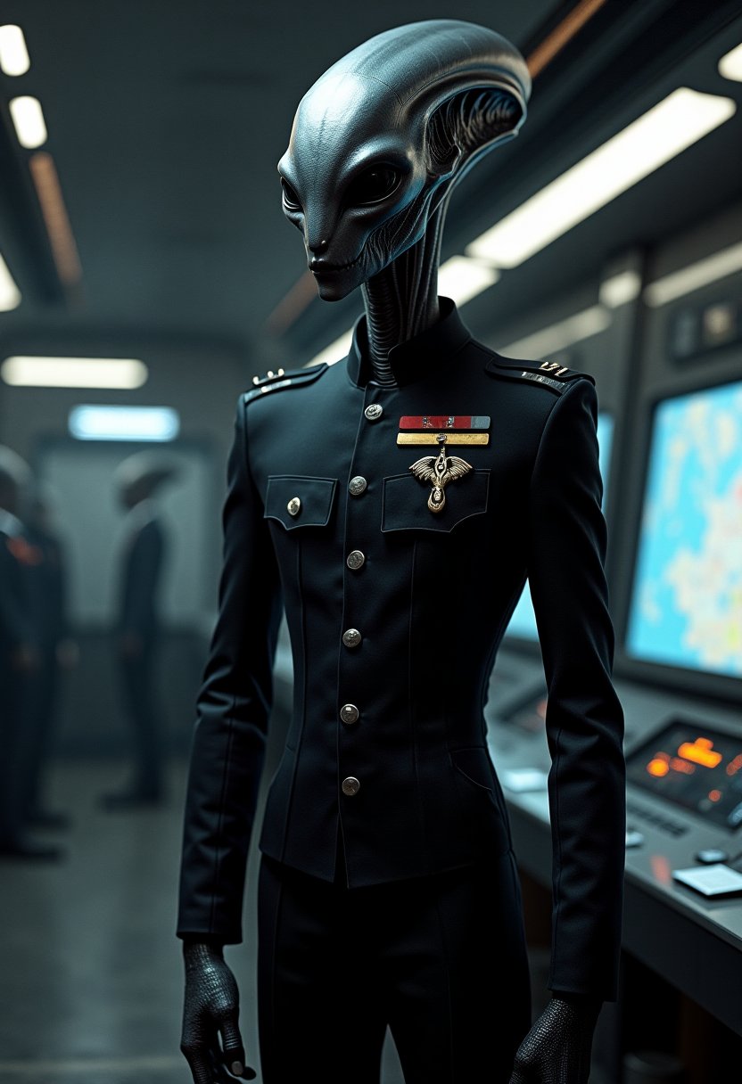 realistic many tall alien greys with elongated head jet black skin wearing a black military general space uniform with ran...