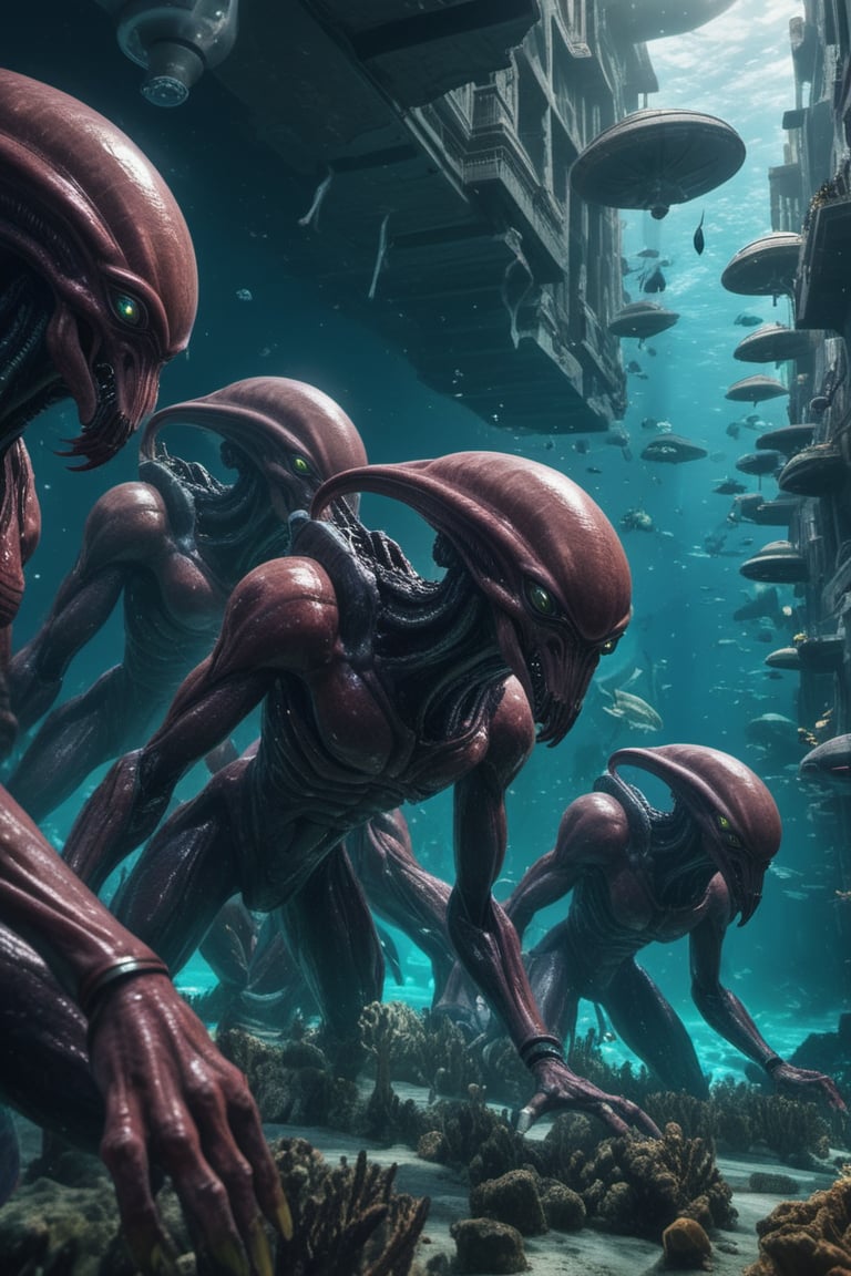 Hyper-detailed extremely realistic space alien army in an ancient high tech underwater city ,  sharp focus,  dramatic ligh...