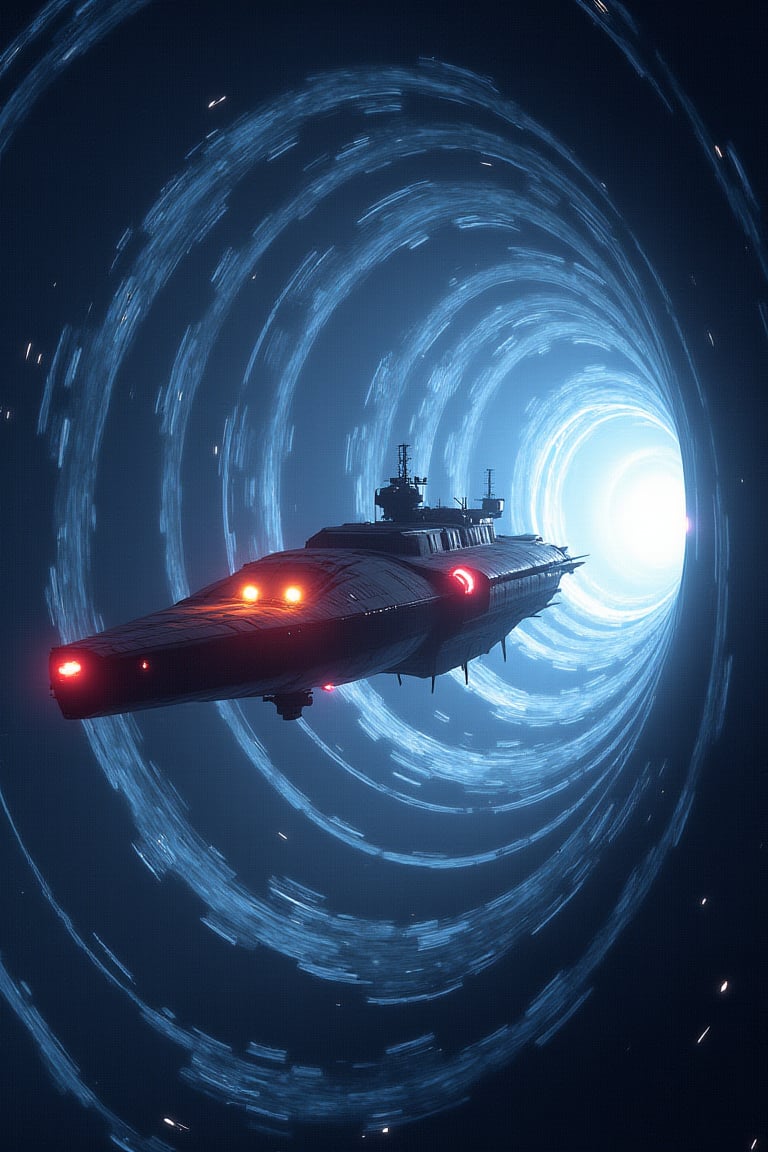 ultrarealistic space battleship entering a twister worm hole,realistc swirlingstars 