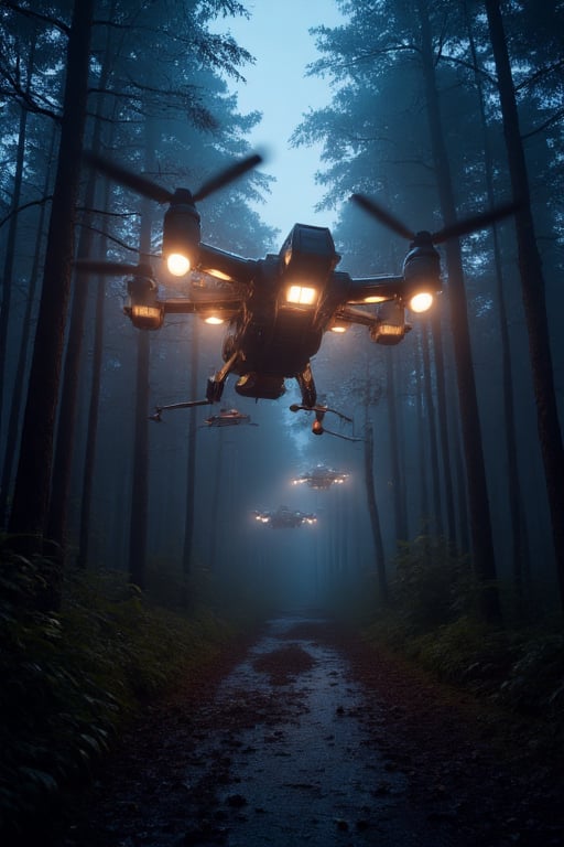 extremelyrealistic 4 propeller UAP style vehicle flying through the forest at night by Mister E7 on Tensor.Art