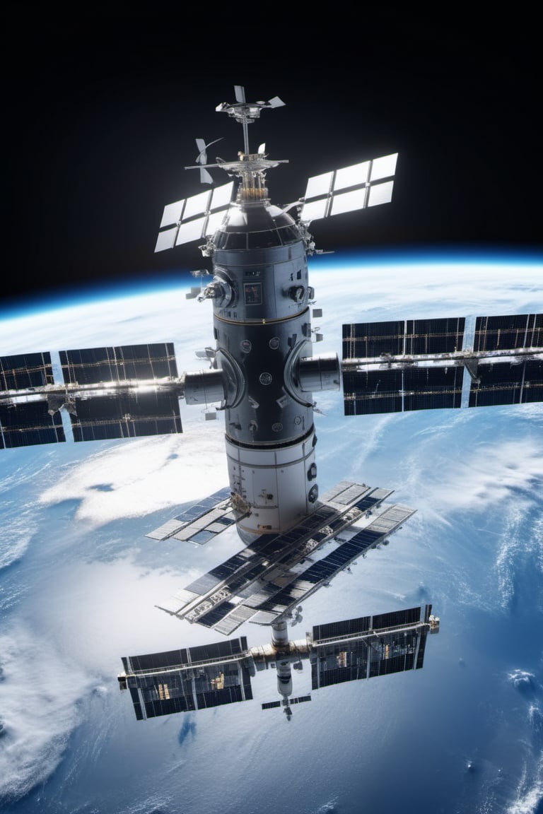 ultra realistic 1080p resolution detailed space station in outer space,realistic,high resolution,detailed tinted windows,extremely detailed lights.detailed brights stars,detailed moon,