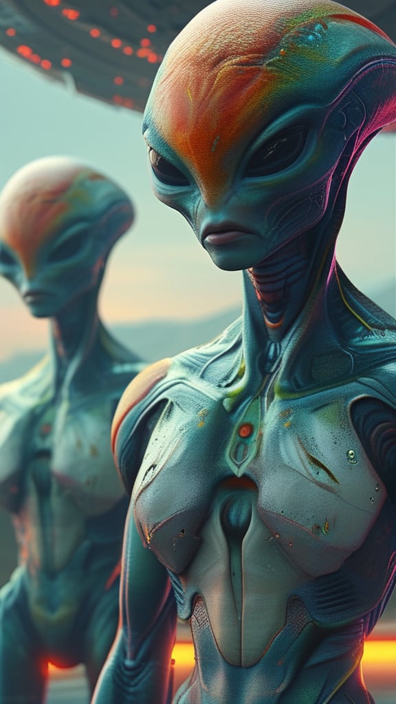 full body image of 2 ultrarealistic very tall plasmoid aliens levitating in the air over an unusual colored planet,  sharp...