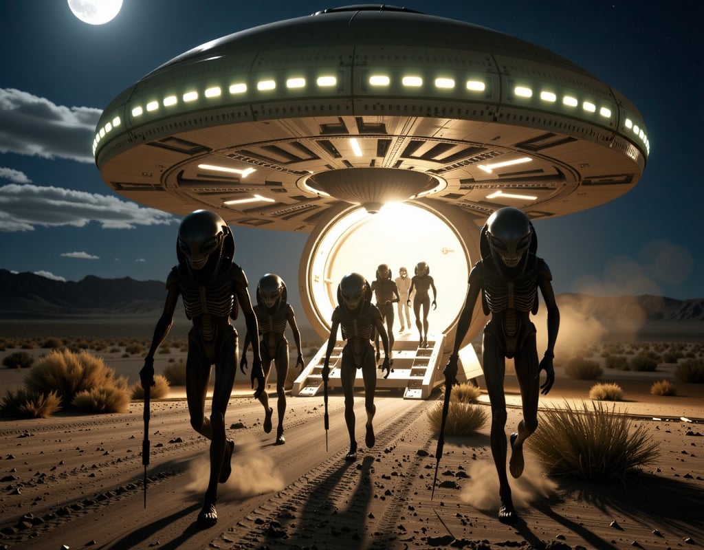 an hyperrealistic alien grey army exits down the ramp of a huge ufo in the desert ground at night,  the aliens look realis...
