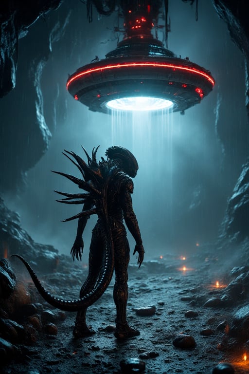 extremelyrealistic xenomorph standing outside of a ufo mothership in a canyan at night,  sharp focus,  movie reality by Mi...