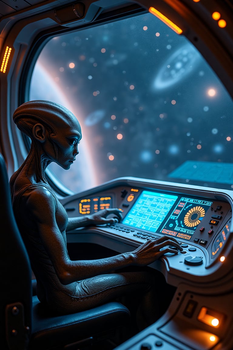 Hyper-realistic view through a spaceship window into deep space,  featuring an alien pilot seated behind a highly advanced...