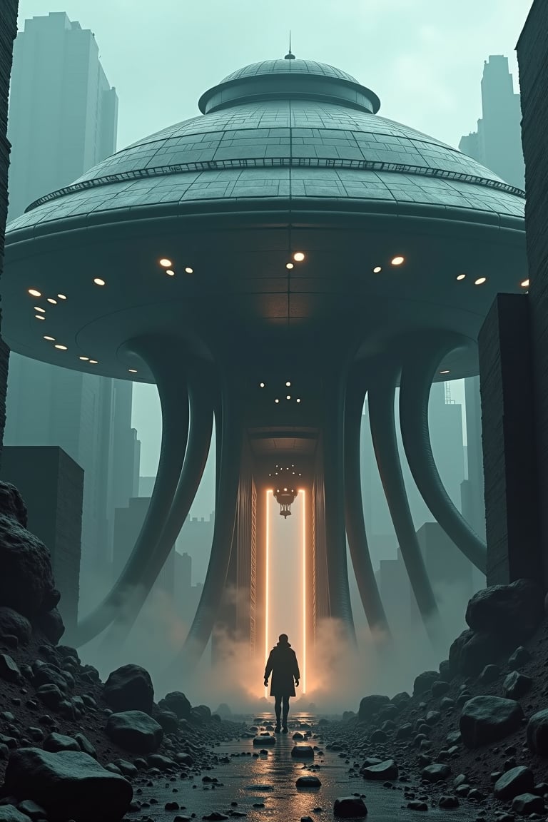 ultrarealistic large matte black mammoth ufo mothership with long scary mechical tenticles with lightening at the tips fly...