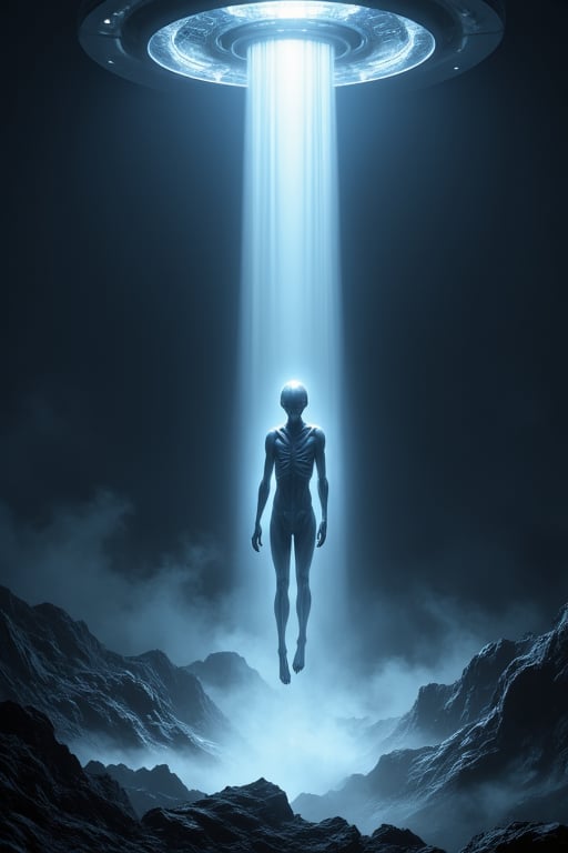 extremelyrealistic a x ray look alien being travels through a beam from a huge ufo at night by Mister E7 on Tensor.Art
