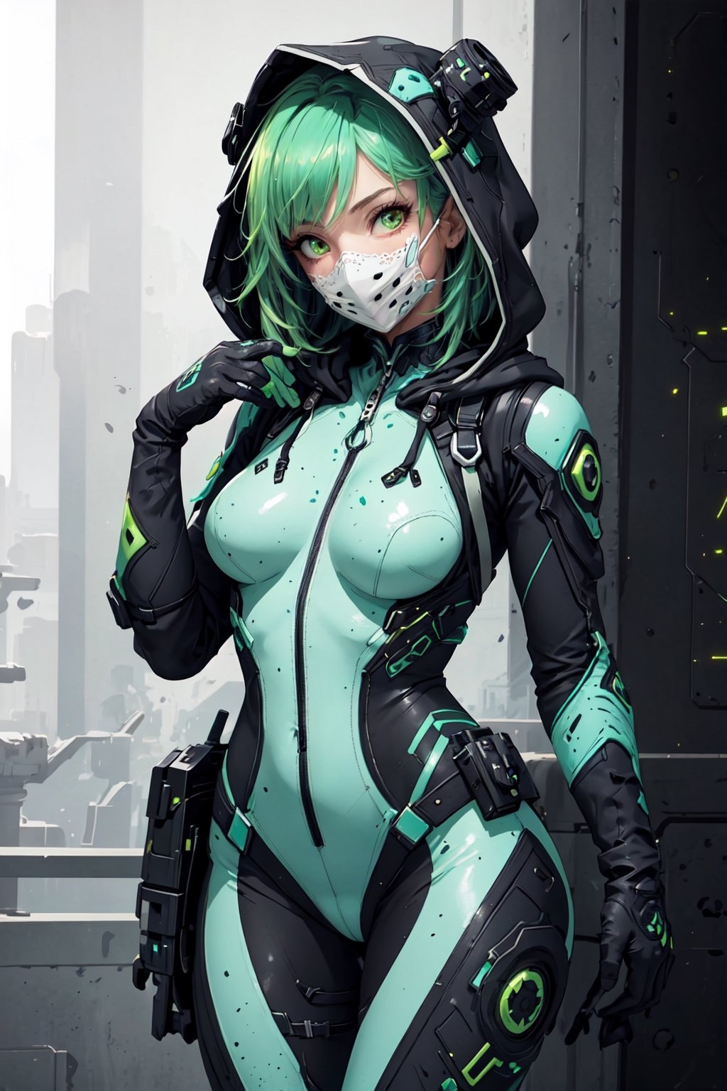 solo, gloves, 1girl, green eyes, unreal engine focus, green hair, white gloves, hood, bodysuit, mask, hood down, freckles, green bodysuit, billie blad4, High detailed 