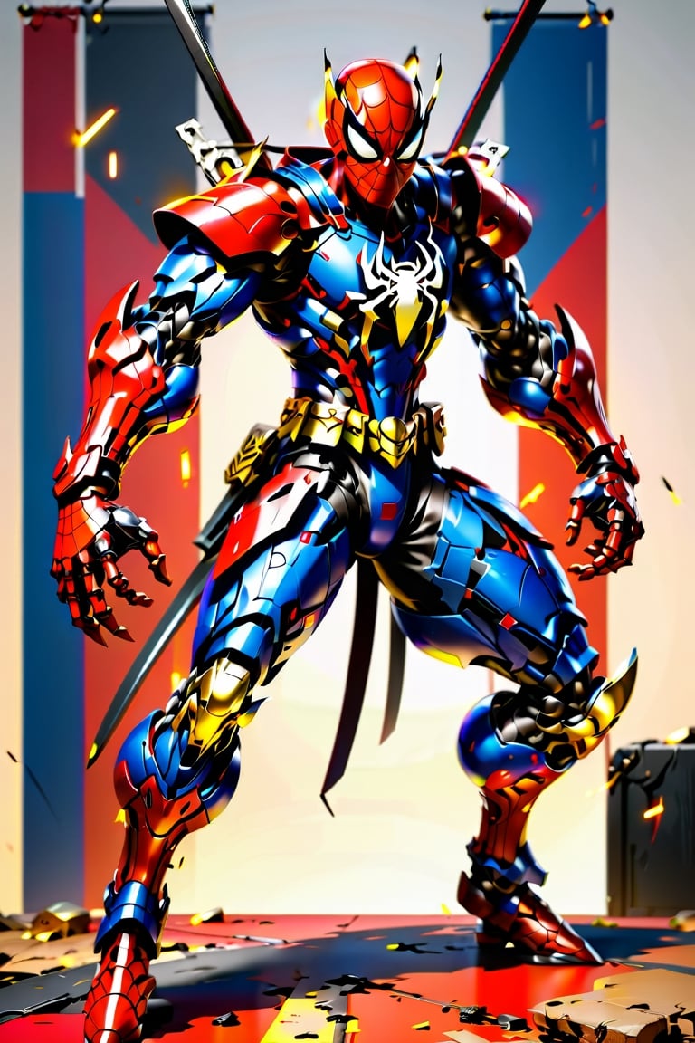 Spiderman , Cyborg , wearing a black spiderman samurai clothing in battle pose  , with wounds and scratches,  Slender, Skinny, full body shot, wide Angle, octane render RTX, render, realistic render, cinematic lighting 