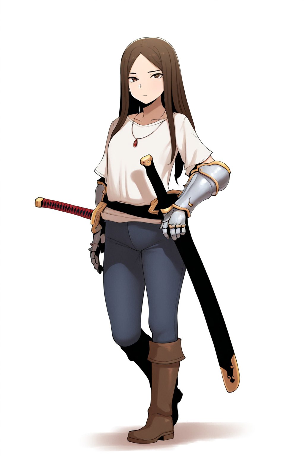 toluct,
best quality, amazing quality, very aesthetic, absurdres,
1girl, long hair, brown hair, brown eyes, 
solo, brown boots, pants, necklace, scabbard, standing, sheathed sword, gauntlets, white shirt, closed mouth, looking at viewer, 
 white background, simple background, full body, ,abbb