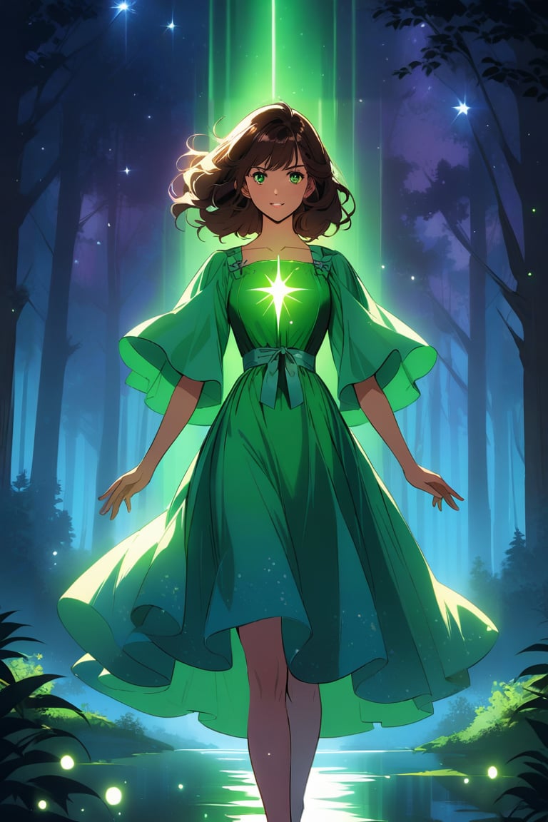 A young girl, her eyes wide open in wonder, wears an emerald green dress that blends in with the surrounding forest. Her brown hair, moved by the wind, frames a delicate and determined face.
A luminous sphere of energy emanates from her open hands. The sphere emits an intense glow, illuminating the scene and casting suggestive shadows on the surrounding trees.
In the background, a nocturnal forest, wrapped in a magical atmosphere. The trees, tall and majestic, stand out against a starry sky. Small fireflies dance among the branches,
The image must convey a sense of wonder, discovery and power. The colors should be bright and saturated, with a predominance of greens, blues and purples. The lights and shadows must create a suggestive contrast, emphasizing the magic of the scene.
A Disney cartoon from the 80s, with clean lines and bright colors. The image must have a soft and dreamy look, with a touch of romance inspired by the style of the cartoon "Robin Hood".