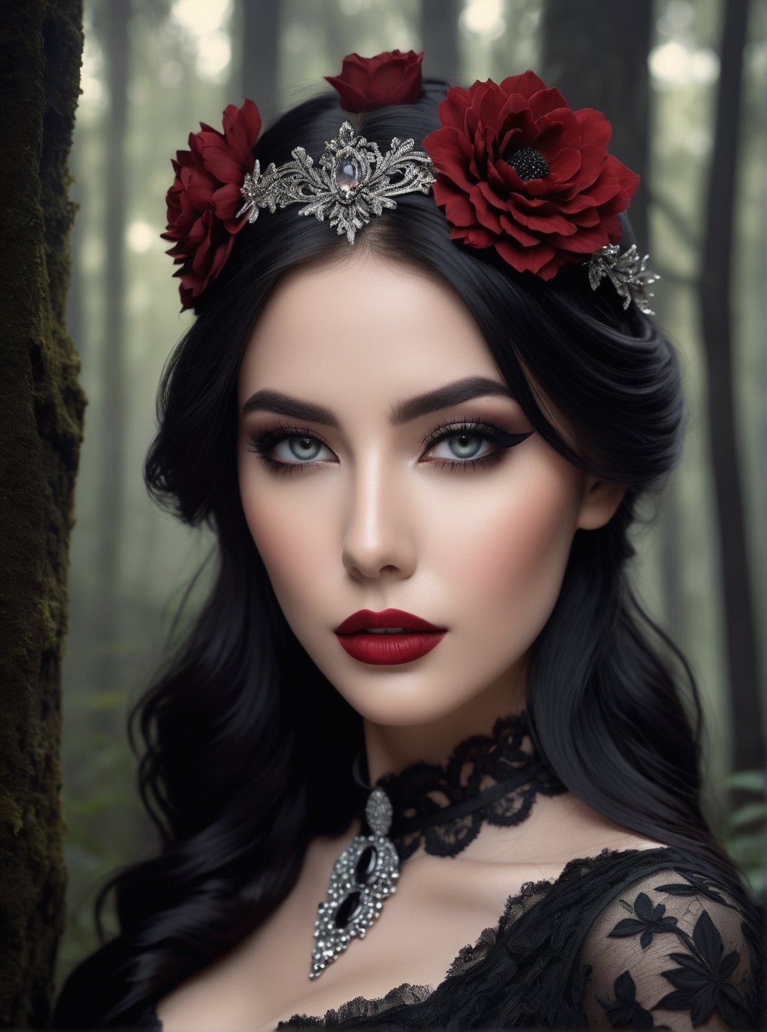 ((extremely realistic photo)), professional photo, The image features a big breast gothic woman with long black hair and a flower headband poses in a dark forest with a black Victorian-style dress with a wide neckline and a black lace choker, ((extremely realistic detailed and perfect _bright_soft_grey_eyes)), ((ultra realistic detailed perfect face)), hard_black_eyeliner, ((hard black gradient to hard silver eyeshadow:1.20)) and ((full lips intense_dark_red_color lipstick:1.20)), ((ultra sharp focus)), (realistic textures and skin:1.1), ((perfection in the hands:1.1)), aesthetic. masterpiece, pure perfection, high definition ((best quality, masterpiece, detailed)), ultra high resolution, hdr, art, high detail, add more detail, (extreme and intricate details), ((raw photo, 64k:1.37)), ((sharp focus:1.2)), (muted colors, dim colors, soothing tones ), siena natural ratio, ((more detail xl)),more detail XL,detailmaster2,Enhanced All,photo r3al,masterpiece,photo r3al