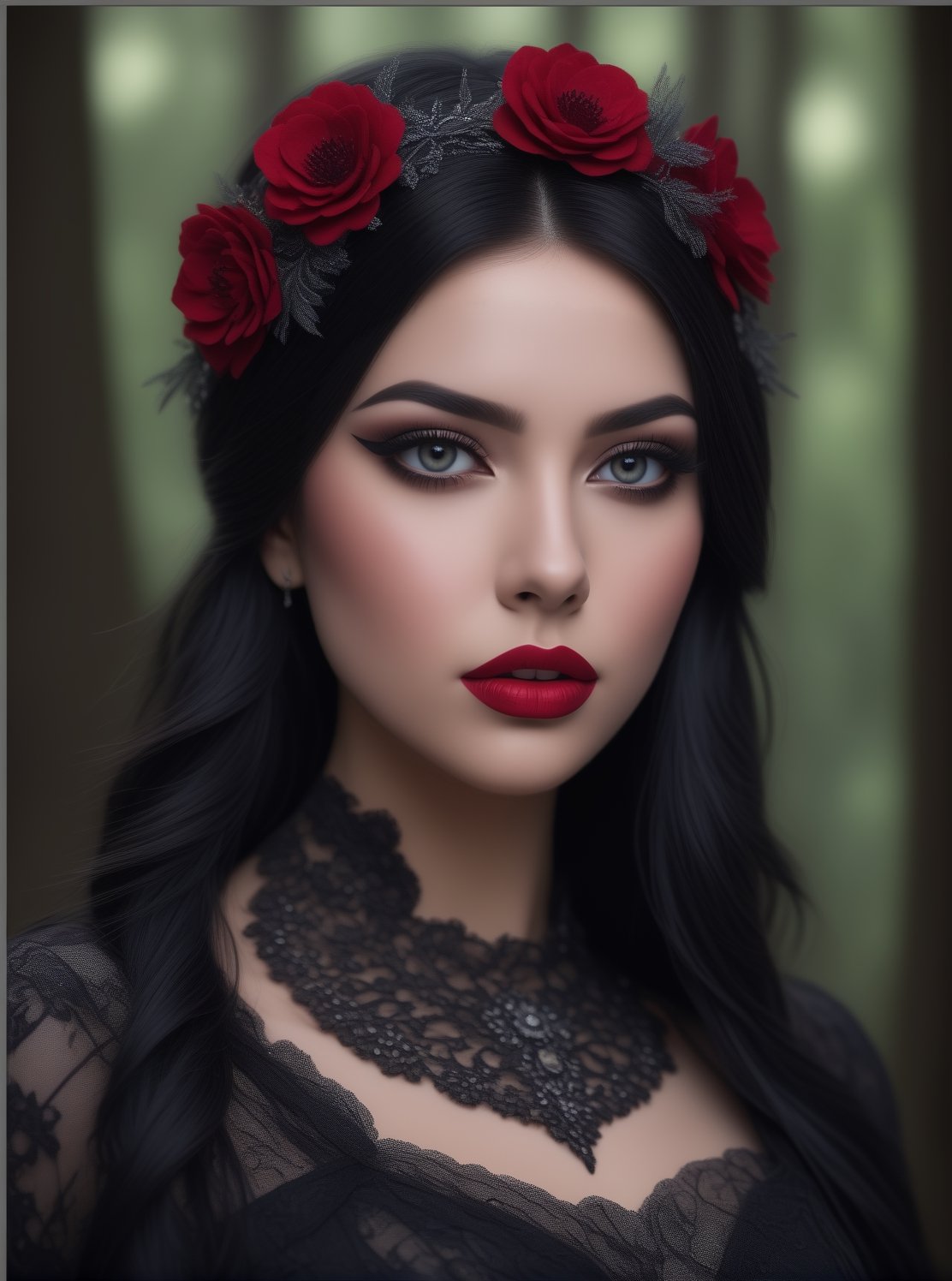 ((extremely realistic photo)), professional photo, The image features a big breast gothic woman with long black hair and a flower headband poses in a dark forest with a black Victorian-style dress with a wide neckline and a black lace choker, ((extremely realistic detailed and perfect _bright_soft_grey_eyes)), ((ultra realistic detailed perfect face)), hard_black_eyeliner, ((hard black gradient to hard silver eyeshadow:1.20)) and ((full lips intense_dark_red_color lipstick:1.20)), ((ultra sharp focus)), (realistic textures and skin:1.1), ((perfection in the hands:1.1)), aesthetic. masterpiece, pure perfection, high definition ((best quality, masterpiece, detailed)), ultra high resolution, hdr, art, high detail, add more detail, (extreme and intricate details), ((raw photo, 64k:1.37)), ((sharp focus:1.2)), (muted colors, dim colors, soothing tones ), siena natural ratio, ((more detail xl)),more detail XL,detailmaster2,Enhanced All,photo r3al,masterpiece,photo r3al,<lora:659095807385103906:1.0>