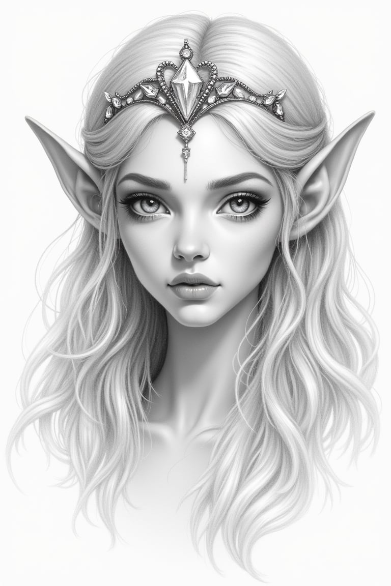 A delicate pencil portrait captures the serene features of an ethereal elf woman. Her porcelain skin glows softly beneath a cascade of wavy locks, with two slender elven ears peeking out from beneath the flowing mane. A tiara adorns her brow, featuring a sparkling diamond centerpiece that adds a touch of whimsy to her enigmatic expression. The overall composition is framed by delicate hatching and gentle shading, inviting the viewer to step into the mystical world she inhabits.