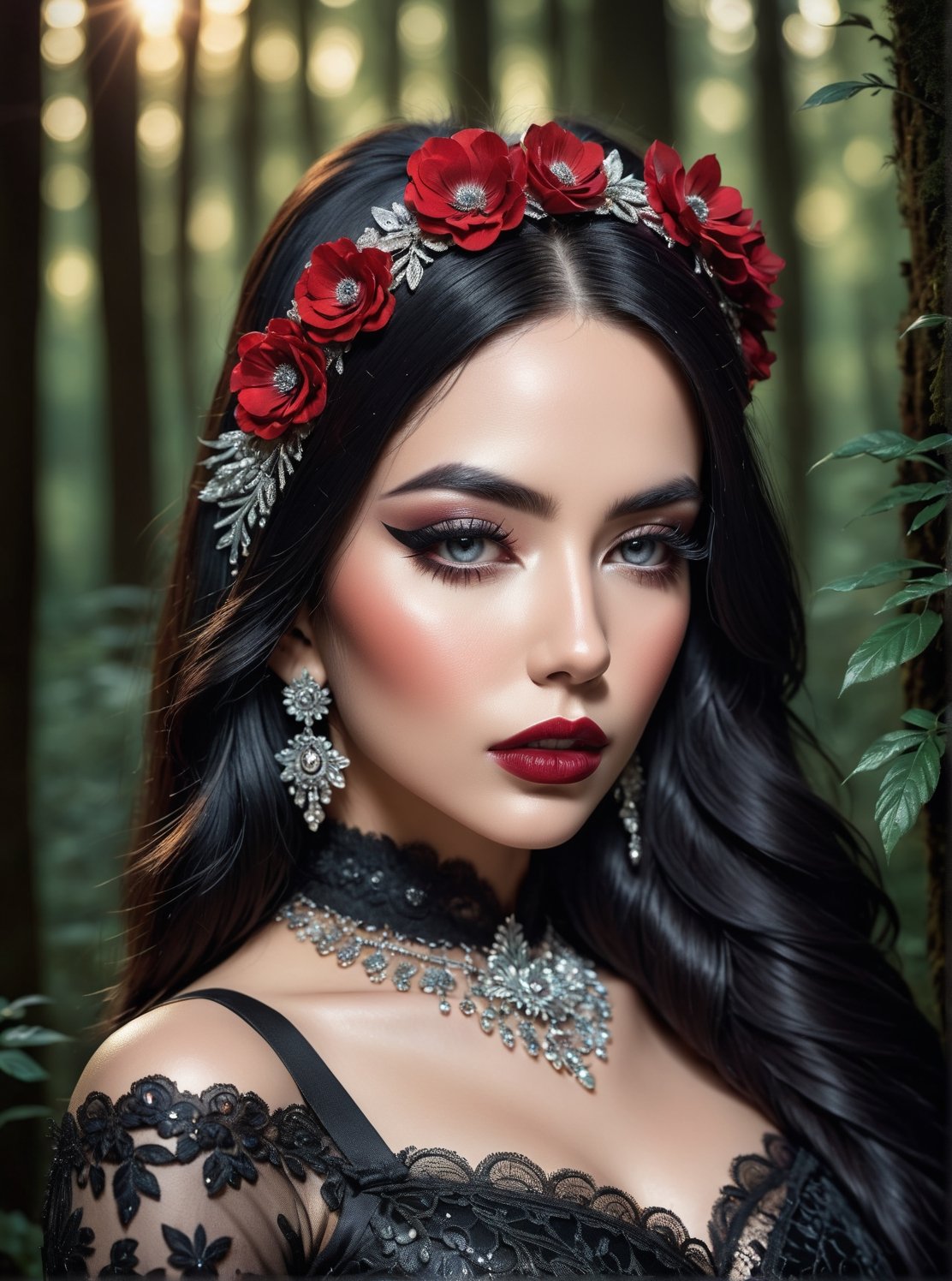 ((extremely realistic photo)), professional photo, The image features a big breast gothic woman with long black hair and a flower headband poses in a dark forest with a black Victorian-style dress with a wide neckline and a black lace choker, ((extremely realistic detailed and perfect _bright_soft_grey_eyes)), ((ultra realistic detailed perfect face)), hard_black_eyeliner, ((hard black gradient to hard silver eyeshadow:1.20)) and ((full lips intense_dark_red_color lipstick:1.20)), ((ultra sharp focus)), (realistic textures and skin:1.1), ((perfection in the hands:1.1)), aesthetic. masterpiece, pure perfection, high definition ((best quality, masterpiece, detailed)), ultra high resolution, hdr, art, high detail, add more detail, (extreme and intricate details), ((raw photo, 64k:1.37)), ((sharp focus:1.2)), (muted colors, dim colors, soothing tones ), siena natural ratio, ((more detail xl)),more detail XL,detailmaster2,Enhanced All,photo r3al,masterpiece,photo r3al