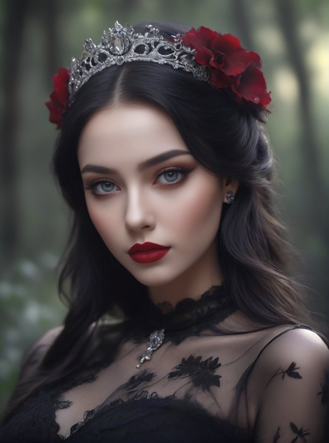 ((extremely realistic photo)), professional photo, The image features a big breast gothic woman with long black hair and a flower headband poses in a dark forest with a black Victorian-style dress with a wide neckline and a black lace choker, ((extremely realistic detailed and perfect _bright_soft_grey_eyes)), ((ultra realistic detailed perfect face)), hard_black_eyeliner, ((hard black gradient to hard silver eyeshadow:1.20)) and ((full lips intense_dark_red_color lipstick:1.20)), ((ultra sharp focus)), (realistic textures and skin:1.1), ((perfection in the hands:1.1)), aesthetic. masterpiece, pure perfection, high definition ((best quality, masterpiece, detailed)), ultra high resolution, hdr, art, high detail, add more detail, (extreme and intricate details), ((raw photo, 64k:1.37)), ((sharp focus:1.2)), (muted colors, dim colors, soothing tones ), siena natural ratio, ((more detail xl)),more detail XL,detailmaster2,Enhanced All,photo r3al,masterpiece,photo r3al