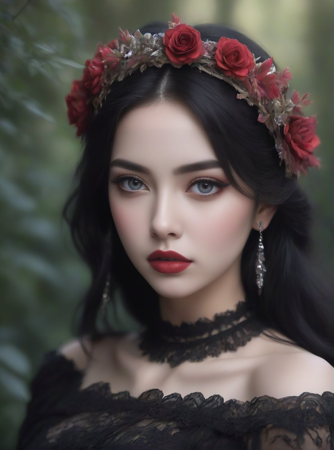 ((extremely realistic photo)), professional photo, The image features a big breast gothic woman with long black hair and a flower headband poses in a dark forest with a black Victorian-style dress with a wide neckline and a black lace choker, ((extremely realistic detailed and perfect _bright_soft_grey_eyes)), ((ultra realistic detailed perfect face)), hard_black_eyeliner, ((hard black gradient to hard silver eyeshadow:1.20)) and ((full lips intense_dark_red_color lipstick:1.20)), ((ultra sharp focus)), (realistic textures and skin:1.1), ((perfection in the hands:1.1)), aesthetic. masterpiece, pure perfection, high definition ((best quality, masterpiece, detailed)), ultra high resolution, hdr, art, high detail, add more detail, (extreme and intricate details), ((raw photo, 64k:1.37)), ((sharp focus:1.2)), (muted colors, dim colors, soothing tones ), siena natural ratio, ((more detail xl)),more detail XL,detailmaster2,Enhanced All,photo r3al,masterpiece,photo r3al