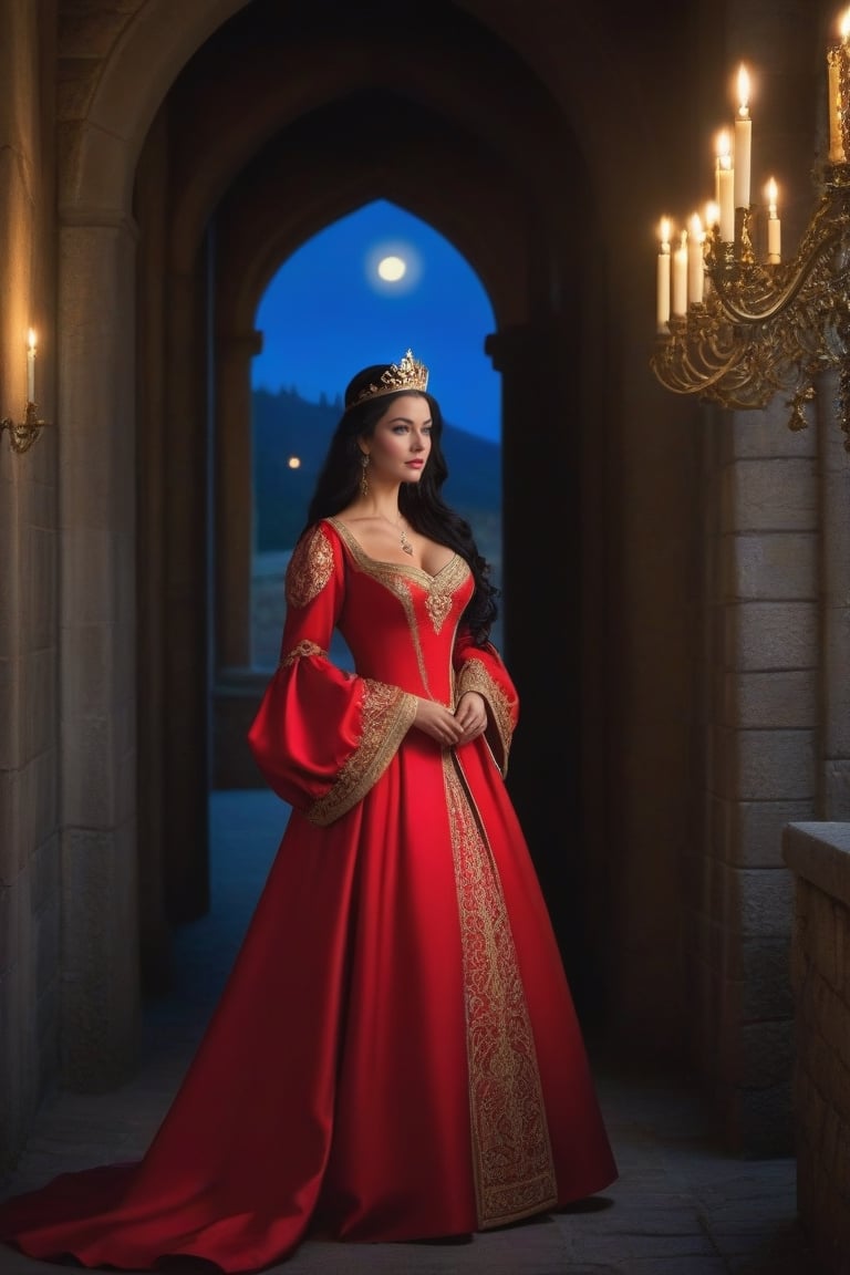 a queen in medieval attire at night along a castle corridor, she wears a long red silk gown with a v-shaped neckline and long puffed sleeves, finely decorated with gold thread embroidery, a fitted bodice highlights her buxom bosom and a gold necklace with a sapphire pendant the same color as her eyes. A diamond tiara is placed on the long black hair. Dynamic pose, masterpiece, 8k, uhd, high definition, 