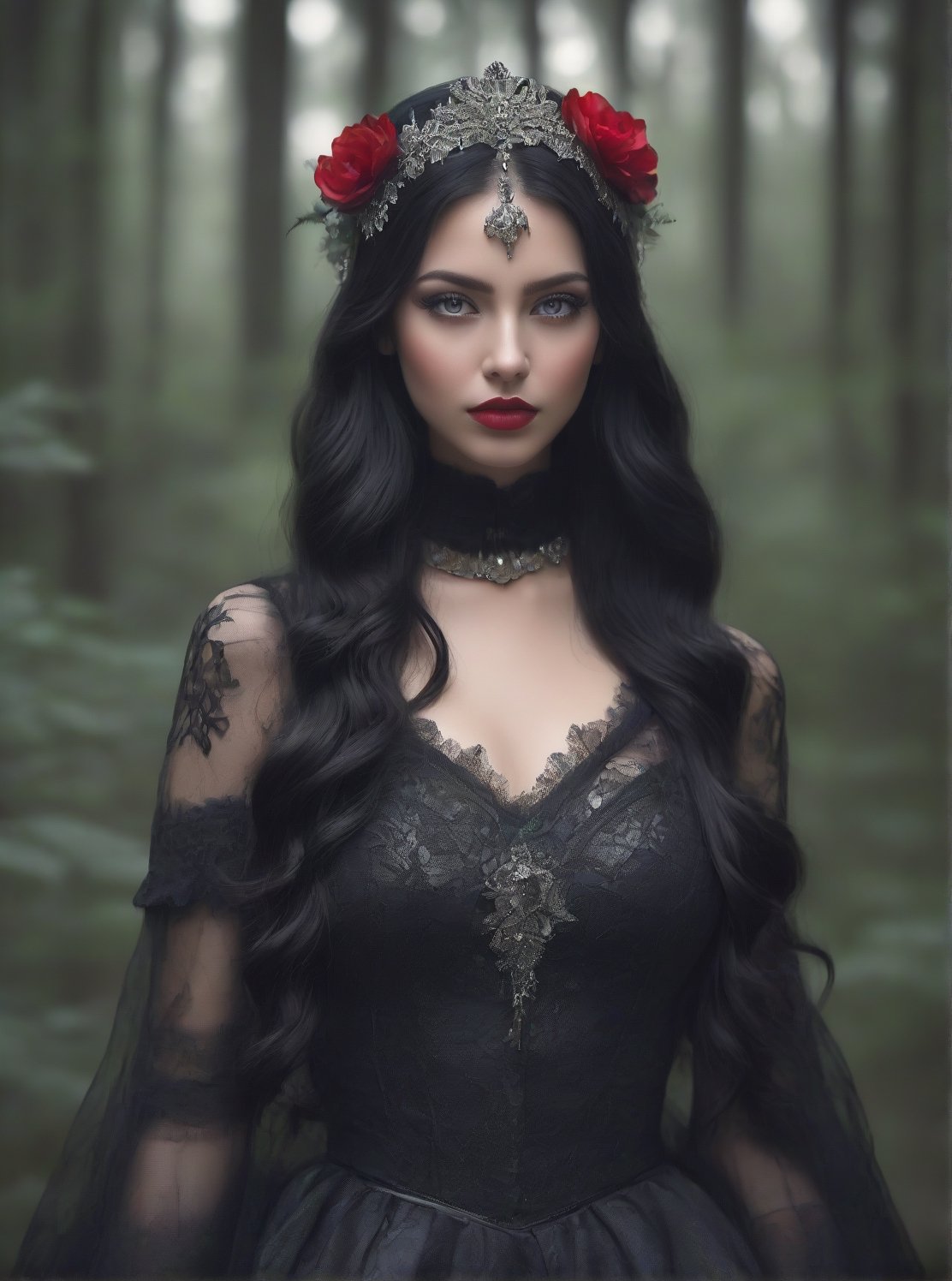 ((extremely realistic photo)), professional photo, The image features a big breast gothic woman with long black hair and a flower headband poses in a dark forest with a black Victorian-style dress with a wide neckline and a black lace choker, ((extremely realistic detailed and perfect _bright_soft_grey_eyes)), ((ultra realistic detailed perfect face)), hard_black_eyeliner, ((hard black gradient to hard silver eyeshadow:1.20)) and ((full lips intense_dark_red_color lipstick:1.20)), ((ultra sharp focus)), (realistic textures and skin:1.1), ((perfection in the hands:1.1)), aesthetic. masterpiece, pure perfection, high definition ((best quality, masterpiece, detailed)), ultra high resolution, hdr, art, high detail, add more detail, (extreme and intricate details), ((raw photo, 64k:1.37)), ((sharp focus:1.2)), (muted colors, dim colors, soothing tones ), siena natural ratio, ((more detail xl)),more detail XL,detailmaster2,Enhanced All,photo r3al,masterpiece,photo r3al