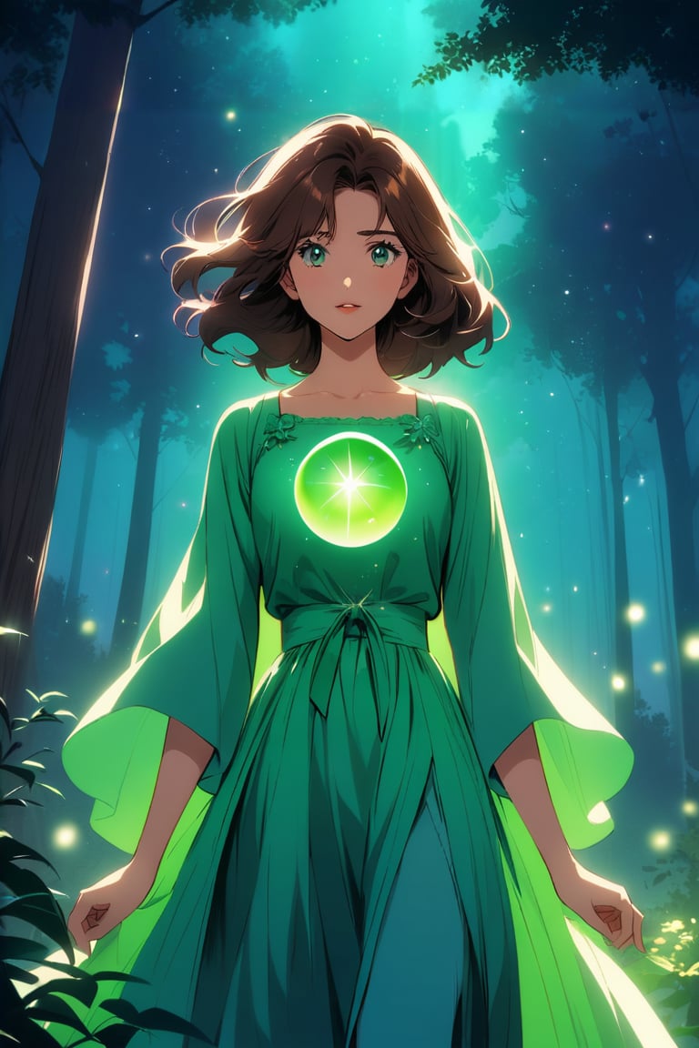 A young girl, her eyes wide open in wonder, wears an emerald green dress that blends in with the surrounding forest. Her brown hair, moved by the wind, frames a delicate and determined face.
A luminous sphere of energy emanates from her open hands. The sphere emits an intense glow, illuminating the scene and casting suggestive shadows on the surrounding trees.
In the background, a nocturnal forest, wrapped in a magical atmosphere. The trees, tall and majestic, stand out against a starry sky. Small fireflies dance among the branches,
The image must convey a sense of wonder, discovery and power. The colors should be bright and saturated, with a predominance of greens, blues and purples. The lights and shadows must create a suggestive contrast, emphasizing the magic of the scene.
A Disney cartoon from the 80s, with clean lines and bright colors. The image must have a soft and dreamy look, with a touch of romance inspired by the style of the cartoon "Robin Hood".