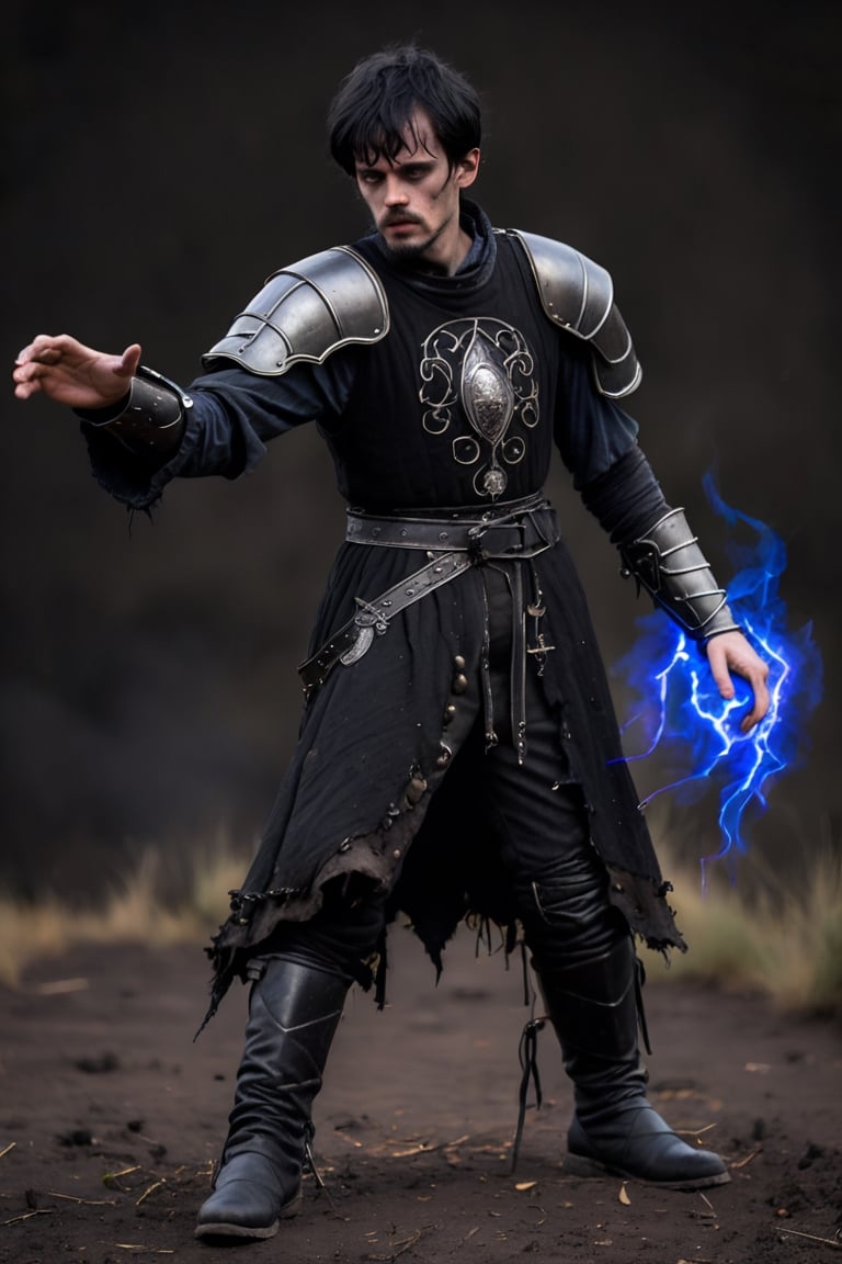mid-distance shot of a 28 years old male skinny medieval cleric,  (((the left hand is wearing a black gauntlet ))),  ((((t...
