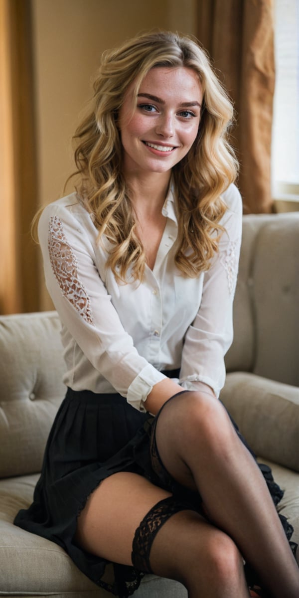 A sultry close-up shot of a young woman sitting on a couch in a college dorm room, with a playful and coy expression. glamorous hairstyle with golden locks cascade.  undone blouse, skinny waist, small frame,petite built. She's wearing a flying skirt that rises slightly as she casually raises one leg, revealing the lace trim of luscious thigh-highs at the limits of her buttocks. The camera captures her innocent smile, leaving the viewer wondering if she's aware of her own sensuality or just being playful. Soft, natural lighting illuminates her features, with a shallow depth of field blurring the background to emphasize her face and legs. The composition focuses on her legs and upper body, drawing attention to the subtle sexuality of the scene.