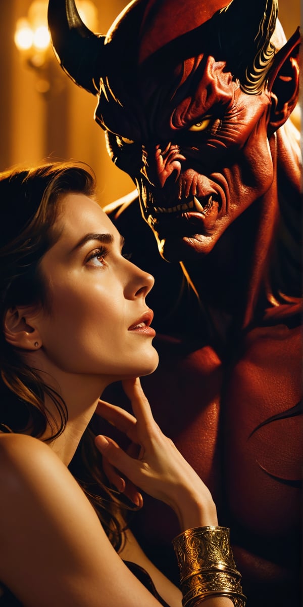 A close-up shot captures the tense moment as she finally meets him. Soft, golden lighting illuminates her anxious expression, highlighting the nervous tremble of her hands as they rest in her lap. Her eyes, bright with anticipation, lock onto his as she takes in his imposing figure. The demon's massive size and intimidating aura are palpable, but her gaze remains fixed on him, a mix of admiration and lust simmering beneath the surface. The air is thick with unspoken desire, contained for so long.