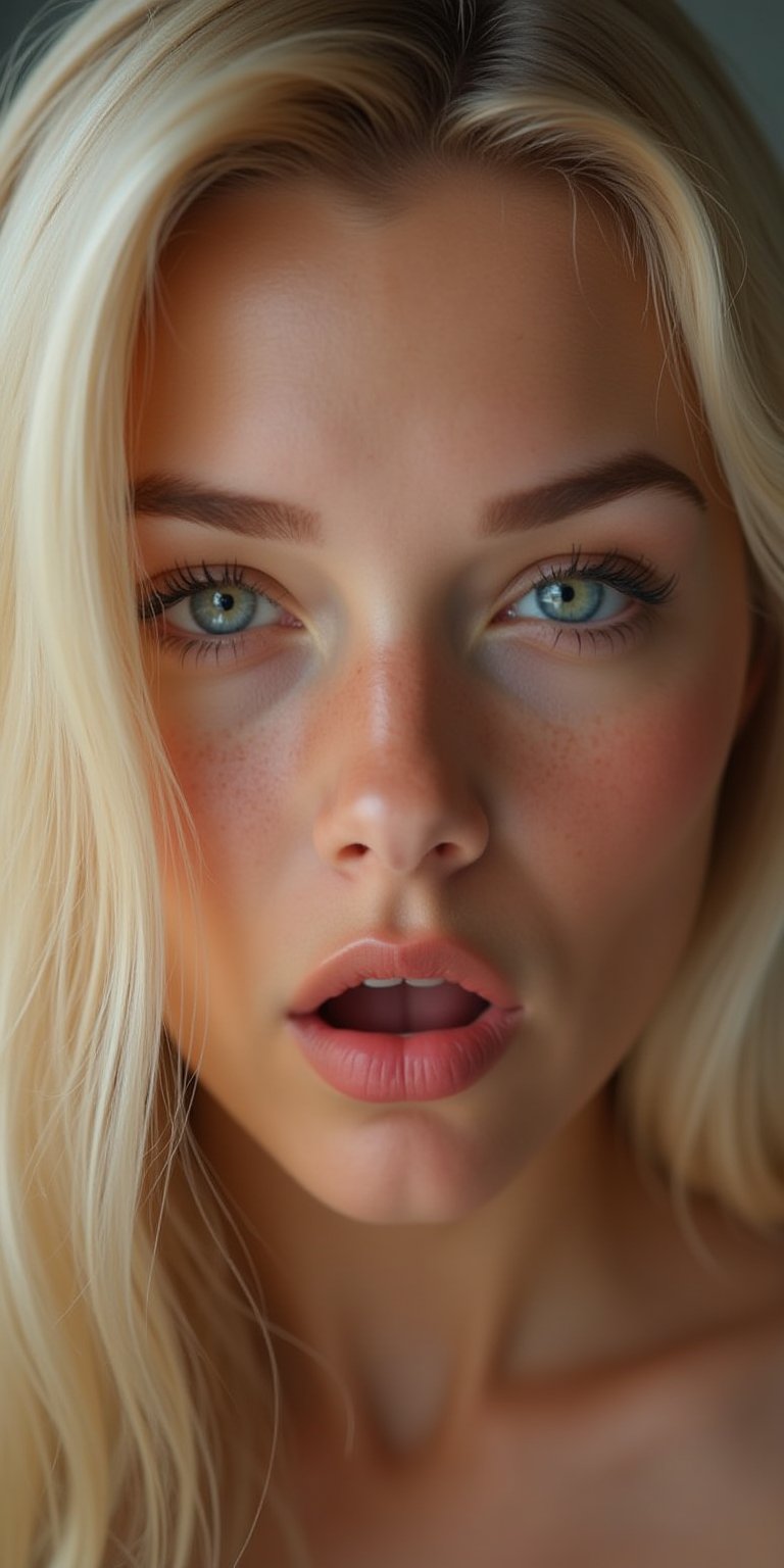 An extreme boudoir close-up shot of a beautiful young blonde woman's face,  barely containing a pleasure sigh. Her twitchi...