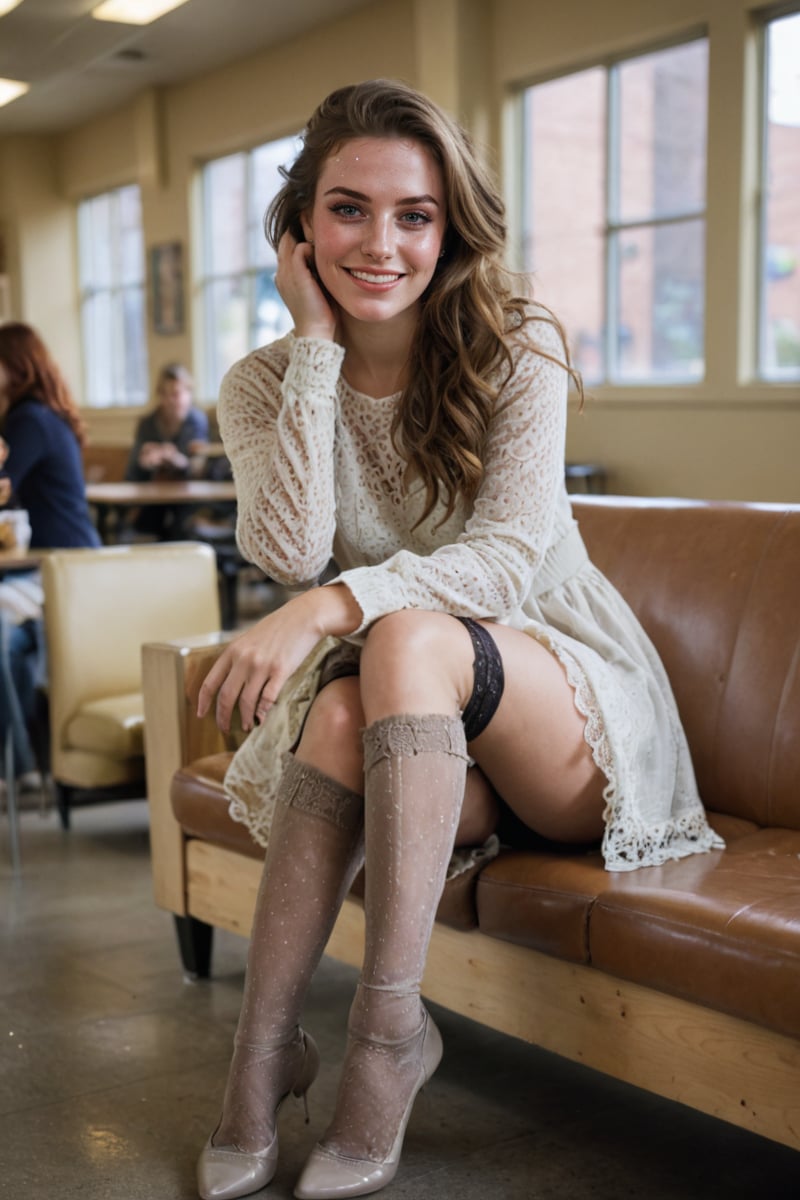 A sultry close-up shot of a young woman sitting on a couch in a college cafeteria, with a playful and coy expression. She's wearing a short flying skirt that rises slightly as she raises one leg, revealing the lace trim of thigh-highs. The camera captures her innocent smile, leaving the viewer wondering if she's aware of her own sensuality or just being playful. Soft, natural lighting illuminates her features, with a shallow depth of field blurring the background to emphasize her face and legs. The composition focuses on her legs and upper body, drawing attention to the subtle sexuality of the scene.