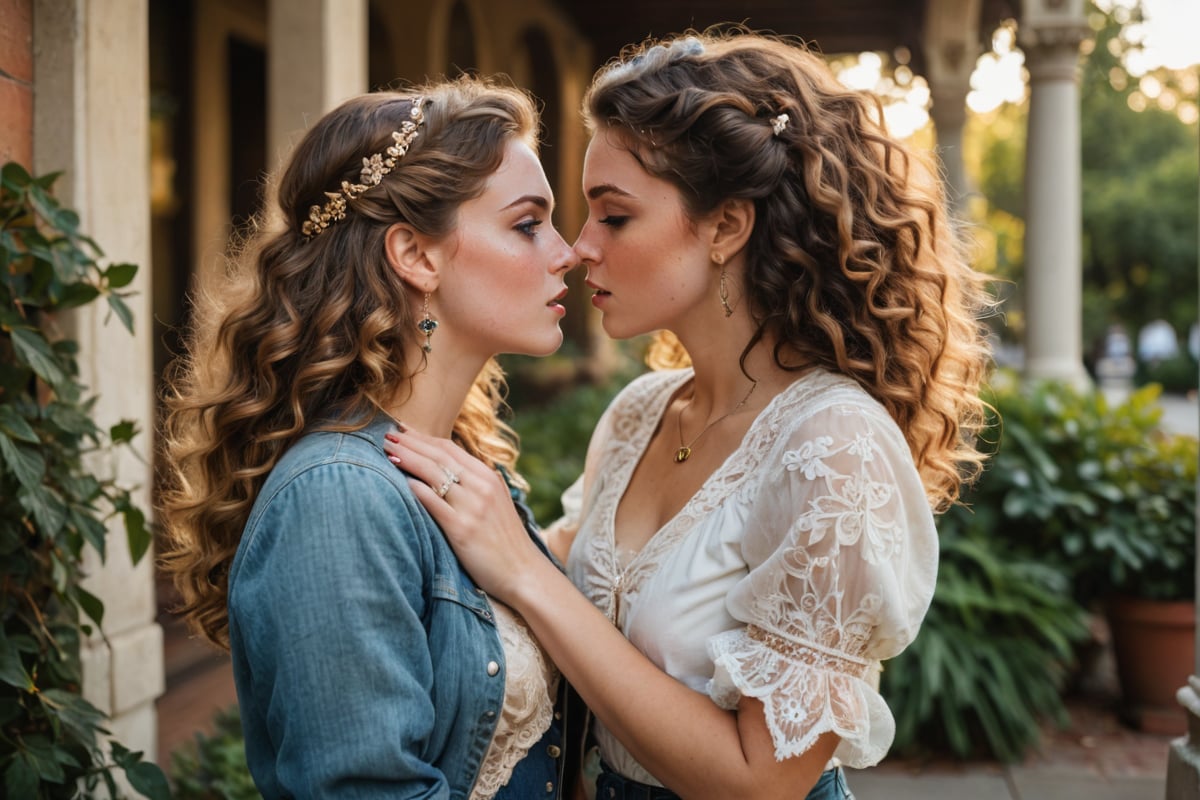 In a soft focus, warm-toned frame, two women embrace in a passionate kiss. Vintage Era Girl, resplendent in her Art Nouveau-inspired finery - flowing curls, ornate lace, and gemstone-encrusted jewelry - wraps her arms around College Student Girl, dressed in modern casual attire: distressed denim, a graphic t-shirt, and sneakers. The contrast between their styles is striking as they lose themselves in the intimate moment, amidst lush greenery and warm golden light.