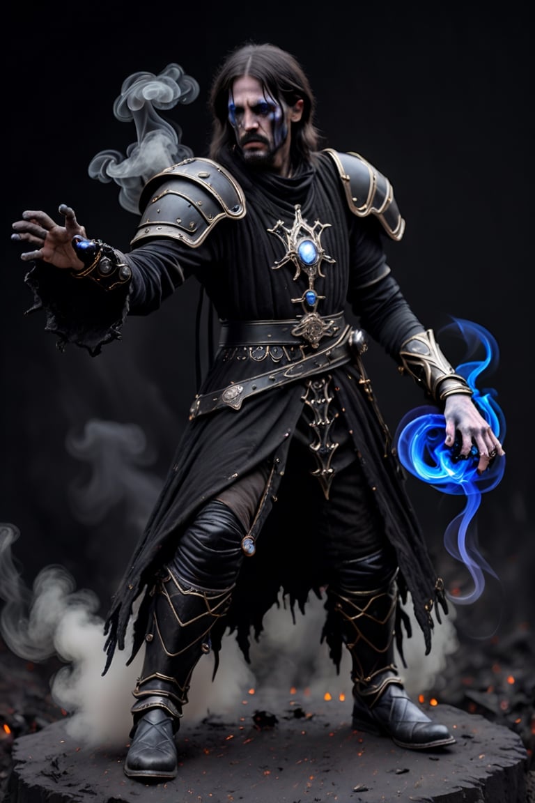 mid-distance shot of a 28 years old male skinny medieval cleric,  (((the left hand is mutated with long fingers emanating...