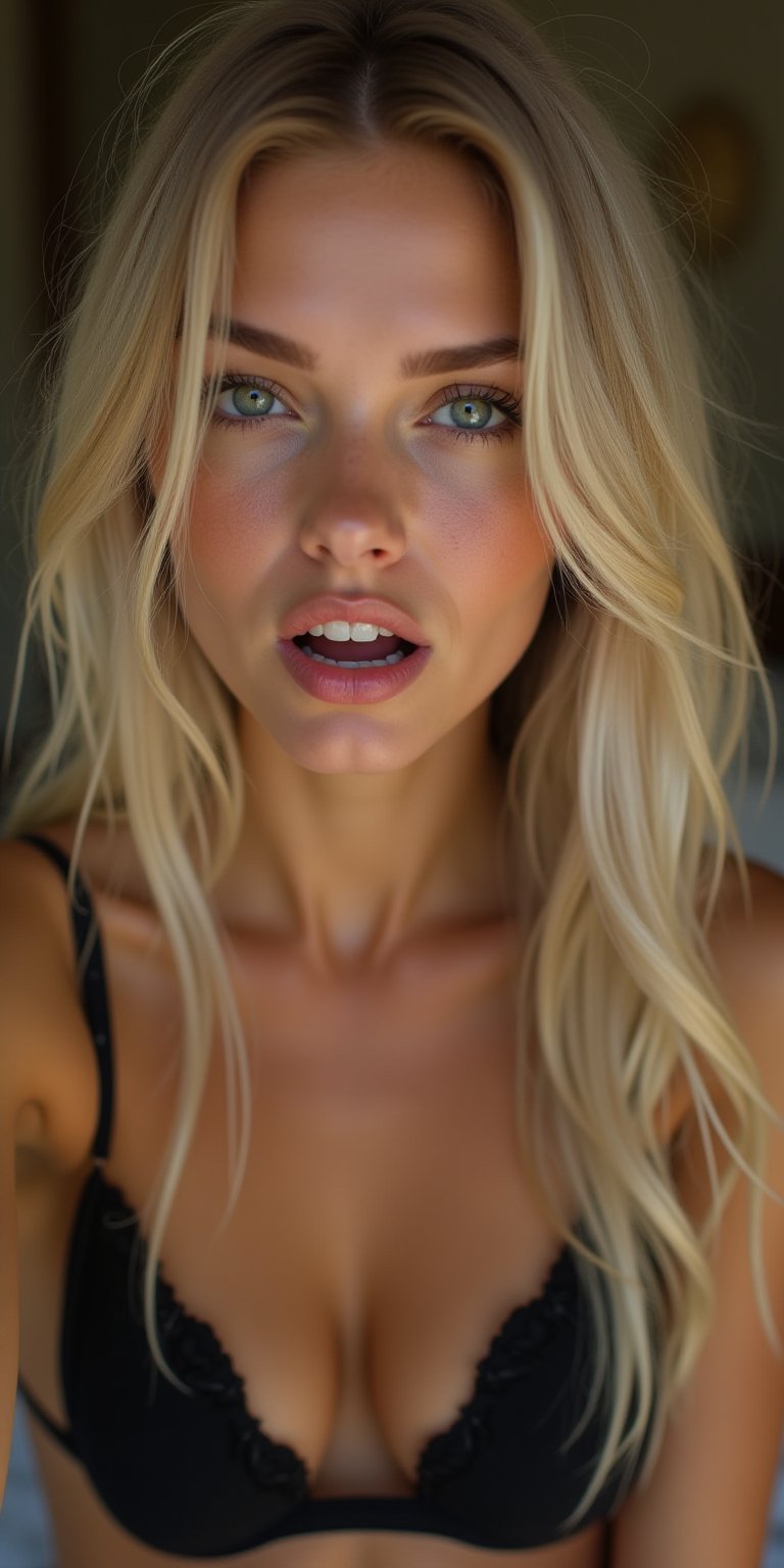 An extreme boudoir close-up shot of a beautiful young blonde woman cladnin black lingerie barely containing a pleasure sig...