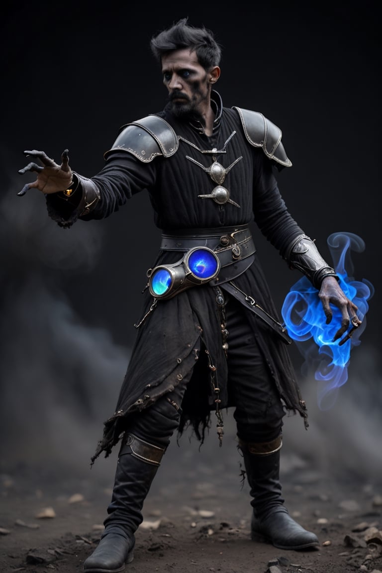 mid-distance shot of a 28 years old male skinny medieval cleric,  (((the left hand is mutated with long black fingers and...