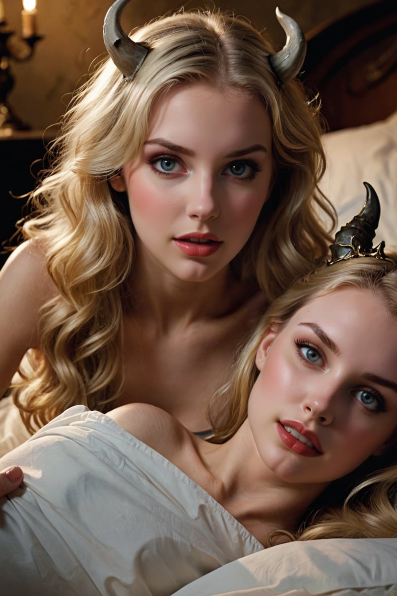 A sultry, moonlit bedroom scene: A young blonde lies on her bed, her golden locks cascading down her porcelain complexion, as a mysterious female demon materializes beside her. The demon's horns and wicked grin gleam in the dim light, contrasting starkly with the innocent's pure features. As the demon's lips brush against the young one's, her eyes widen in surprise and temptation. The camera captures the subtle transformation of the blonde's expression from innocence to seduction, as she succumbs to the demon's promise of forbidden pleasure.