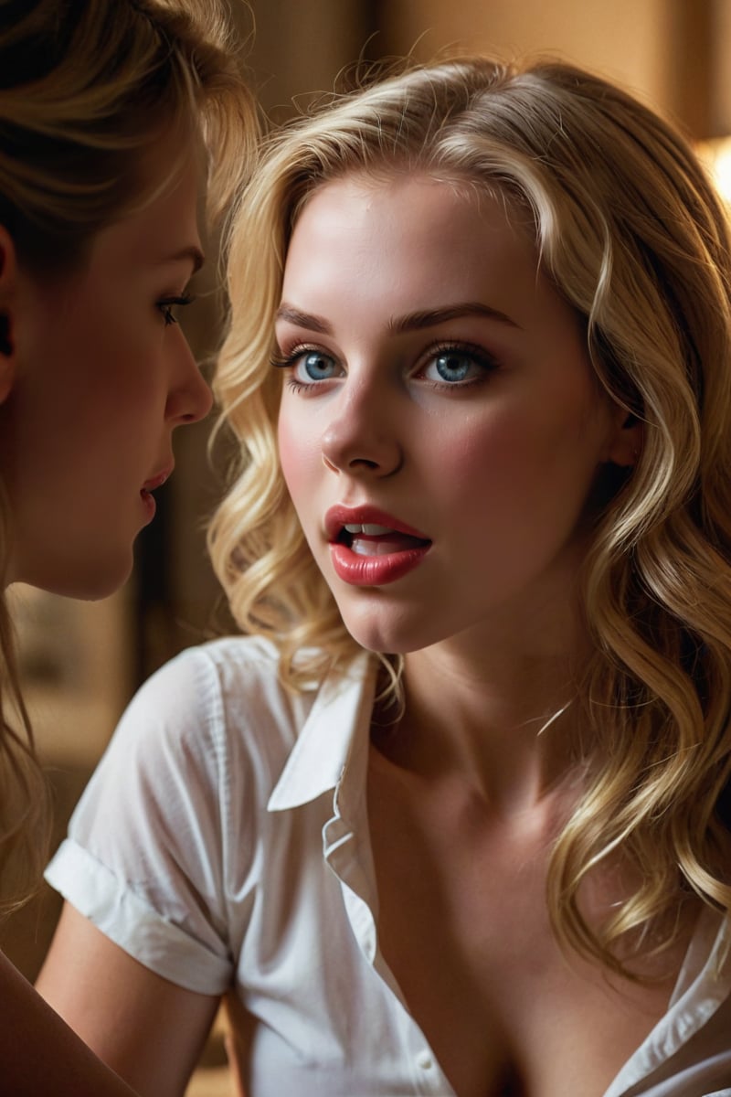 A seductive framing shot: a close-up on the young blonde's shocked face as she gazes up at the tempting female demon. Soft, golden lighting illuminates their faces, casting a warm glow on the bedroom's white sheets and wooden furniture. The demon's lips curve into a sly smile as she leans in for a kiss, her eyes gleaming with mischief. The blonde's expression transitions from surprise to arousal, her innocence slowly giving way to temptation. In the background, shadows dance across the walls, hinting at the darkness that lurks beyond this intimate moment.