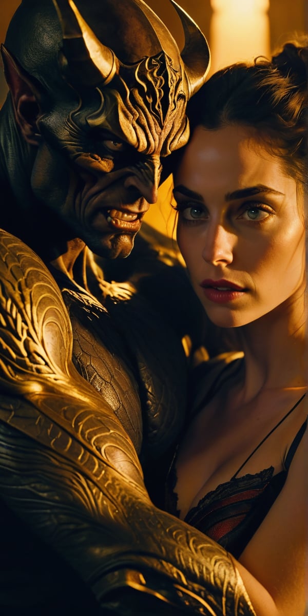 A close-up shot captures the tense moment as she finally meets him. Soft, golden lighting illuminates her anxious expression, highlighting the nervous tremble of her hips as they rest in his lap. Her eyes, bright with anticipation, lock onto his as she takes in his imposing figure. The demon's massive size and intimidating aura are palpable, but her gaze remains fixed on him, a mix of admiration and lust simmering beneath the surface. The air is thick with unspoken desire, contained for so long.