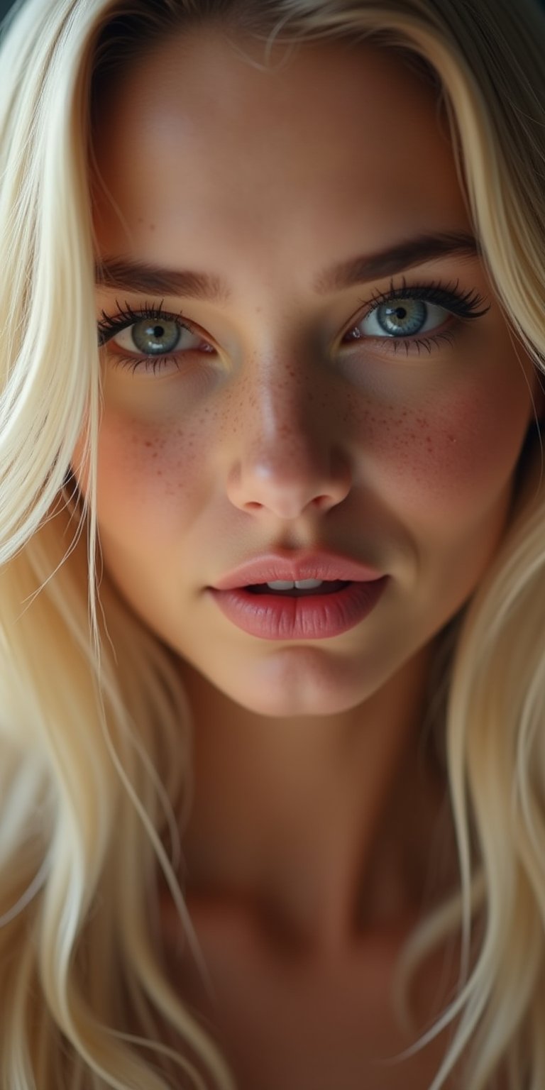 An extreme boudoir close-up shot of a beautiful young blonde woman's face,  barely containing a pleasure sigh. Her twitchi...