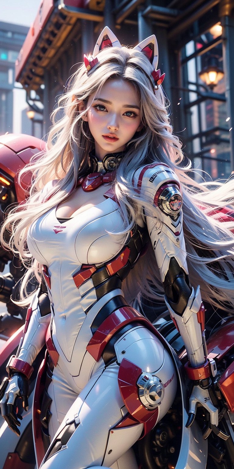 The beautiful 18-year-old Japanese girl has big eyes, a plump body, long legs, unreal and ethereal, and her long hair is blown by the wind, showing her beauty and amazing. Passionate and dynamic caressing beautiful breasts, girl, the mecha covers the other exposed large areas of skin on the breasts, smiling coquettishly, hands together are like hearts
Best picture quality, high resolution, 8k, realistic, sharp focus, realistic image of elegant lady, Korean beauty, supermodel, pure white hair, blue eyes, wearing high-tech cyberpunk style white fox suit with red edges, Radiant, sparkling suit, mecha, perfectly customized high-tech suit, ice and snow cherry blossom theme, customized design, 1 girl, mecha