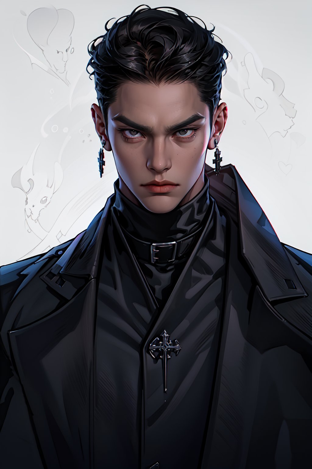 1 boy, male, 30 years old, dark hair, pixie cut, slicked back hair, sharp gaze, black eyes, trim man, tall, cross earring in ear, tanned complexion, temperamental, repressed character, neutral expression, intimidating mobster, ((dynamic pose)), black dress shirt, black coat, white background, looking_at_the_viewer, close-up, modern